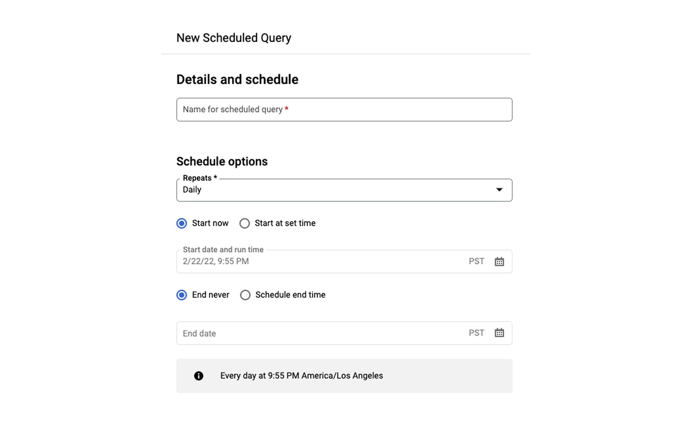 reporting schedule in bigquery