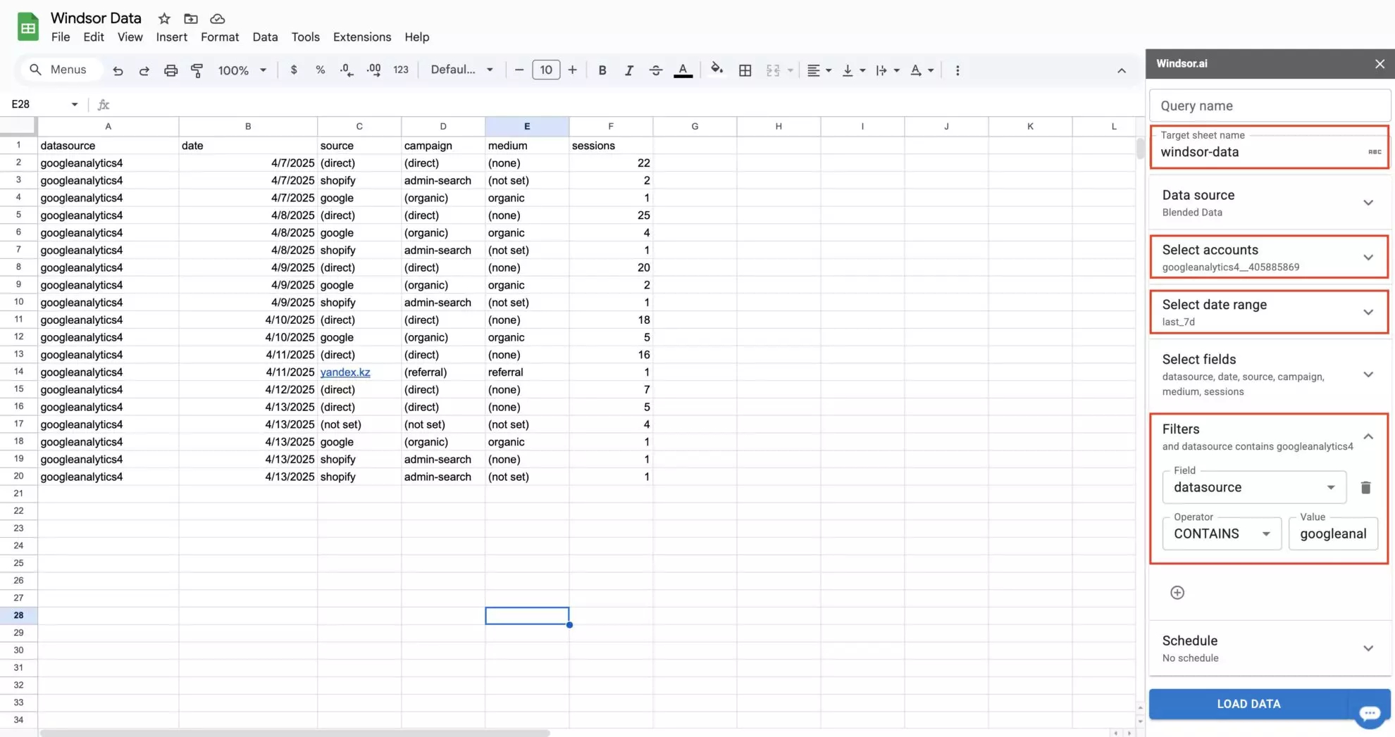 google sheets connector settings windsor