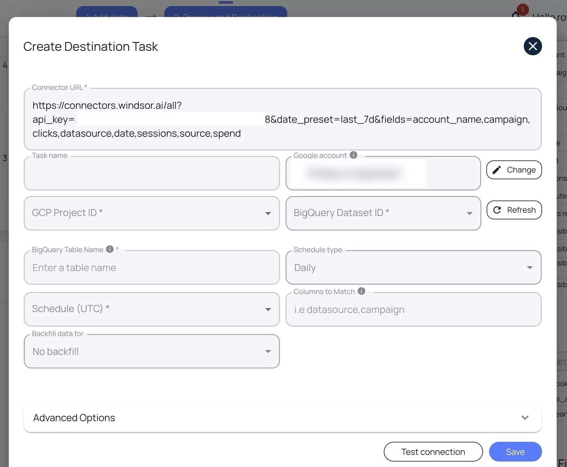 send data to bigquery with windsor.ai