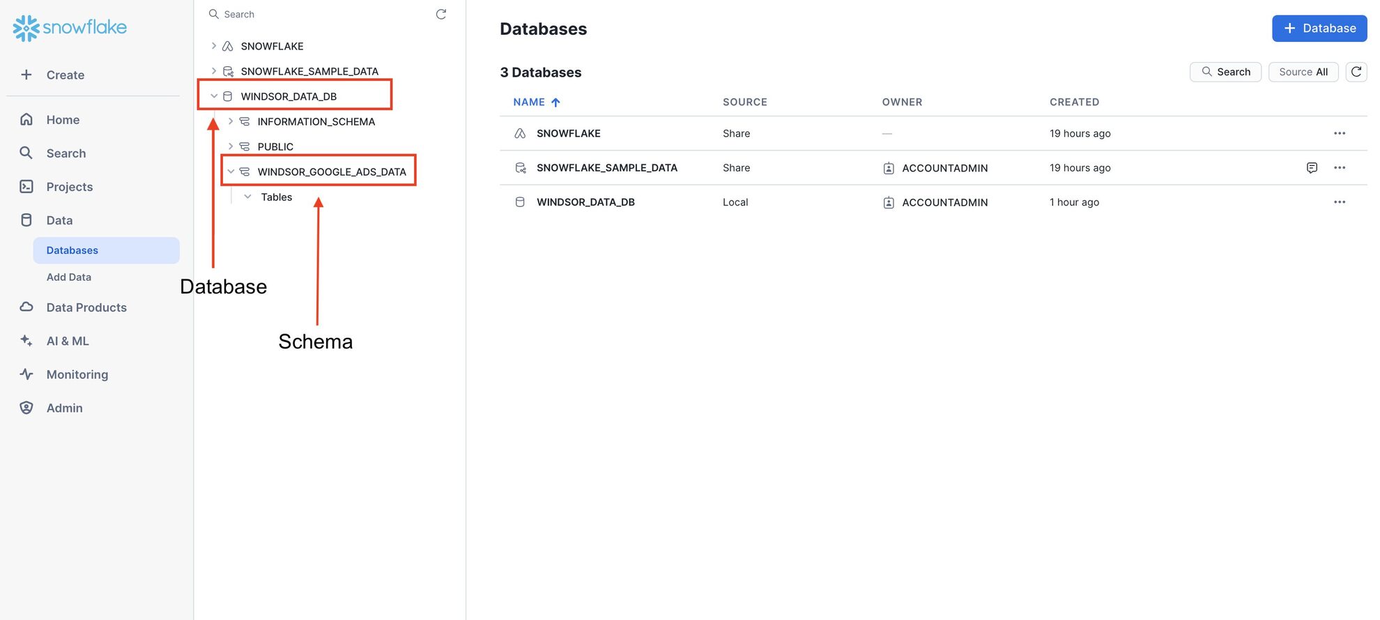 databases in snowflake