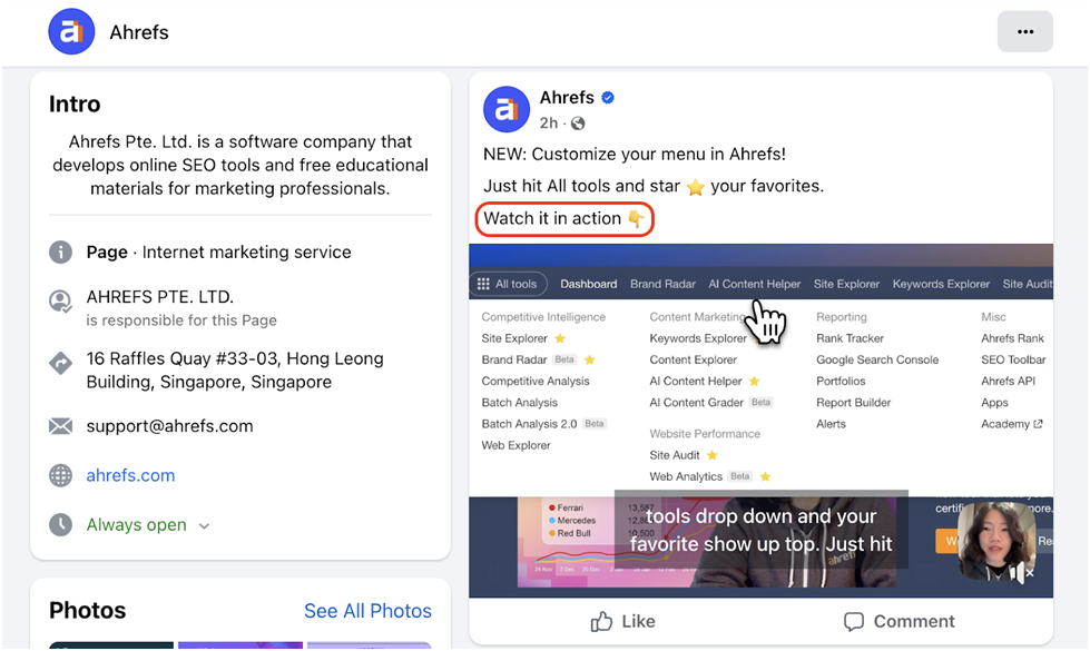 Facebook SEO tips CTA