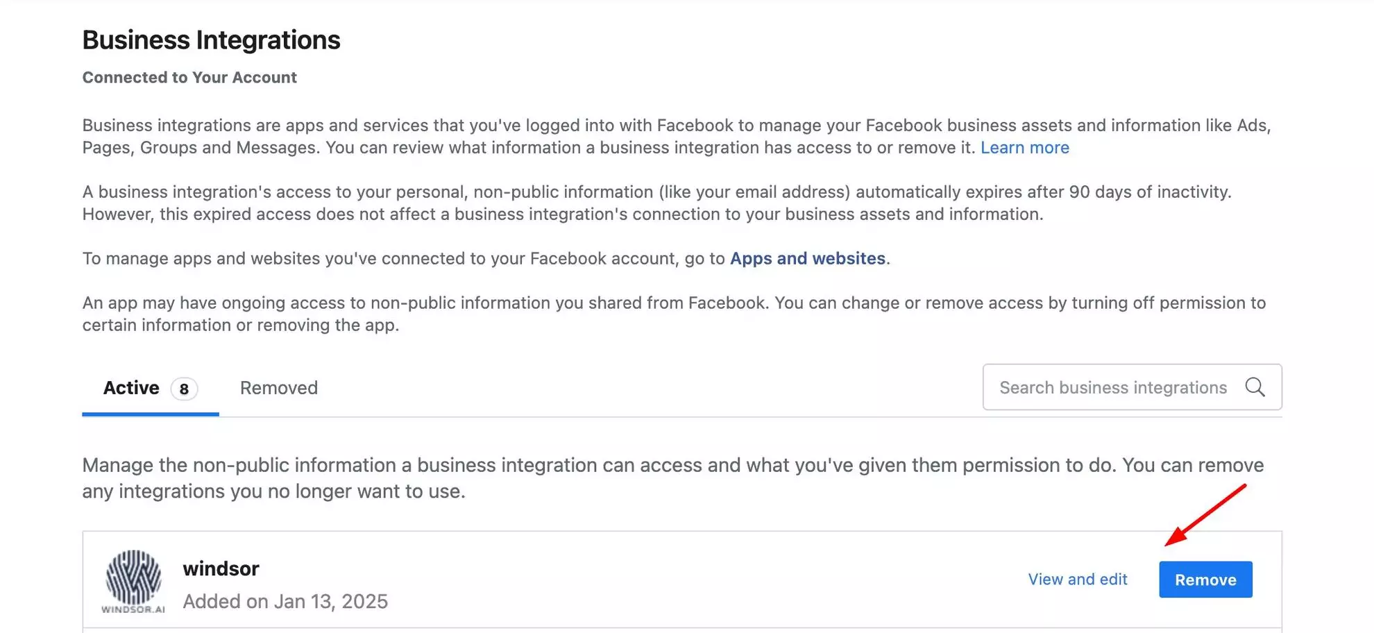 reset facebook authentication in windsor