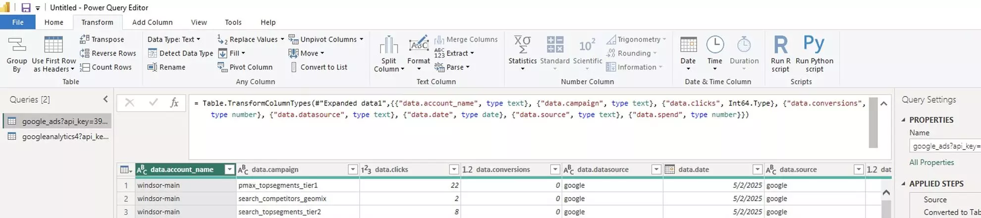 Transform Data in power bi