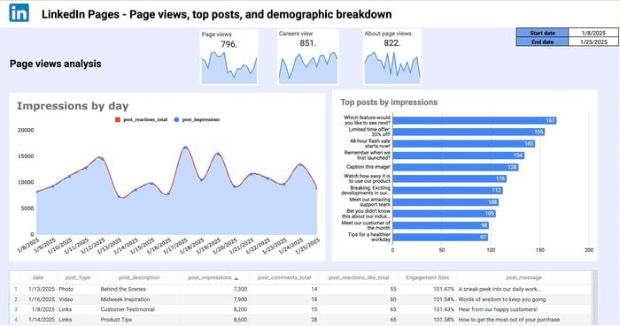 google sheets linkedin page template windsor.ai
