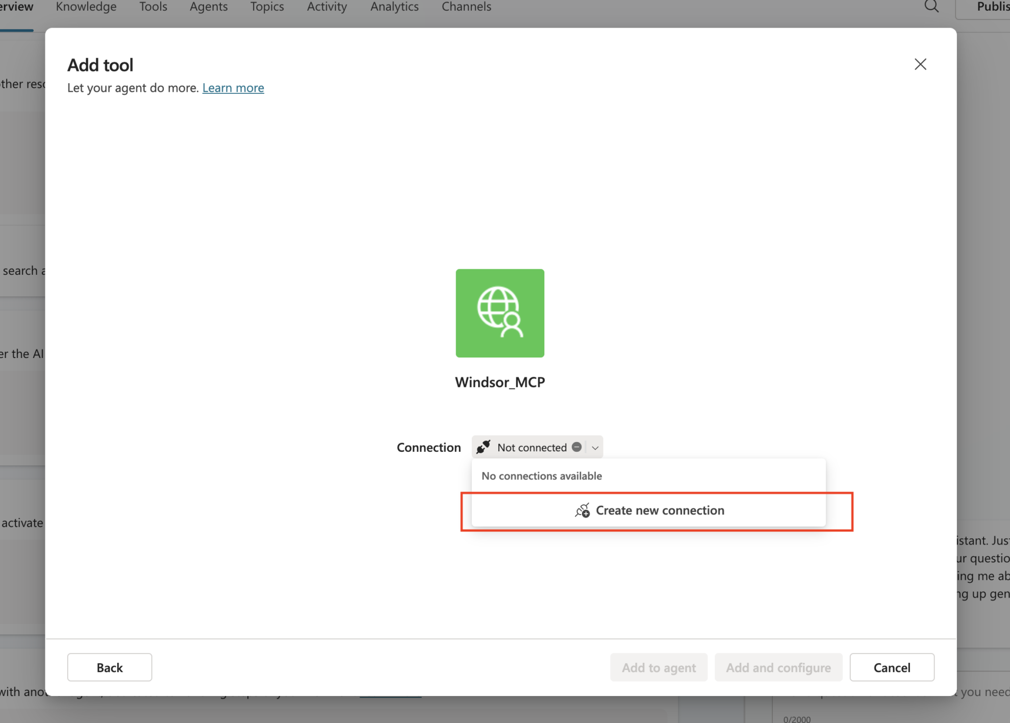 create new connection windsor mcp copilot