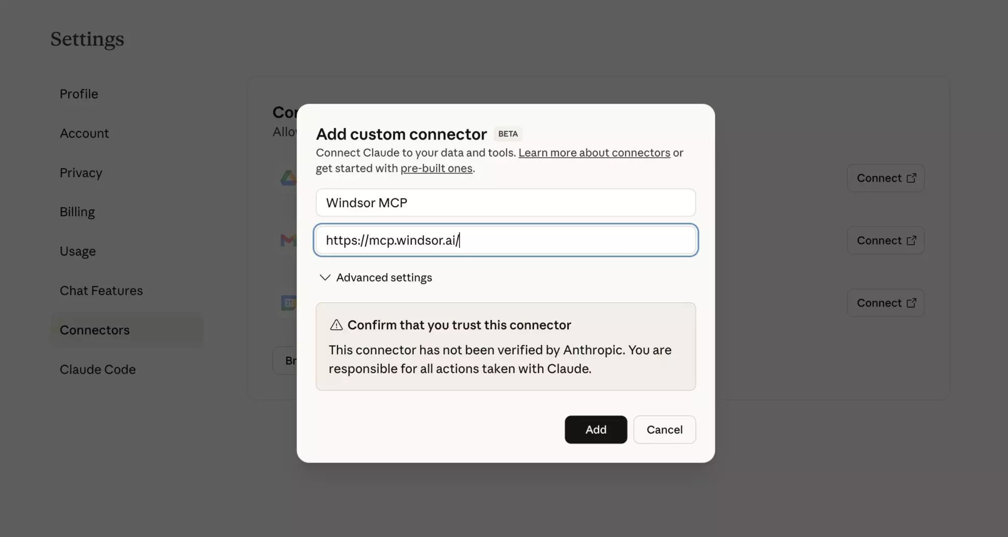 windsor mcp connector for claude