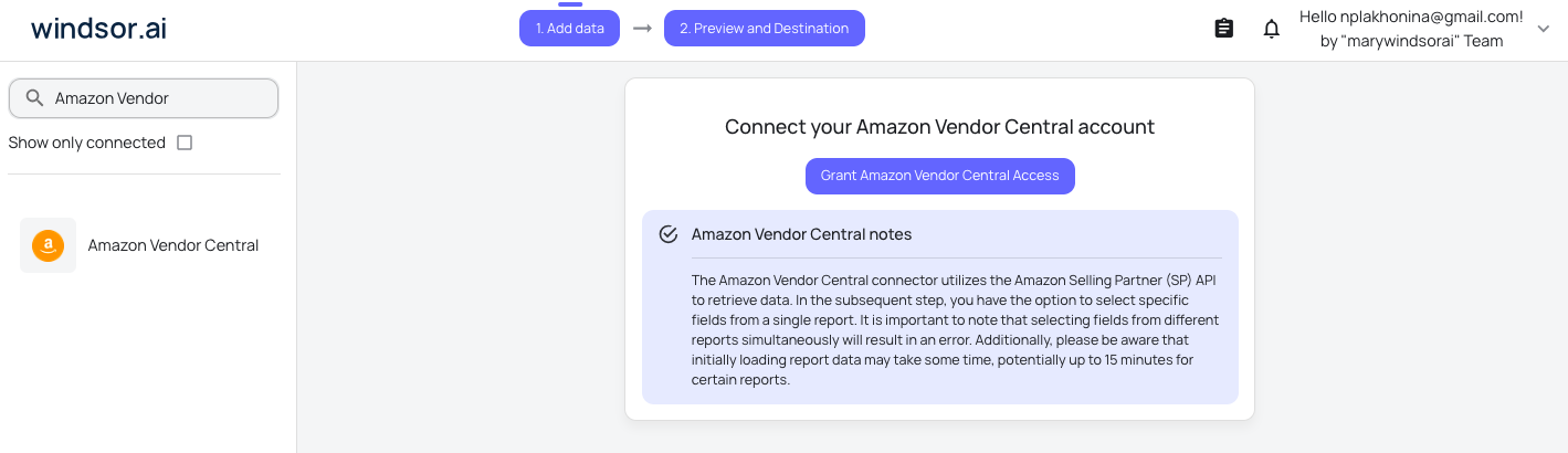 Amazon Vendor Central data source