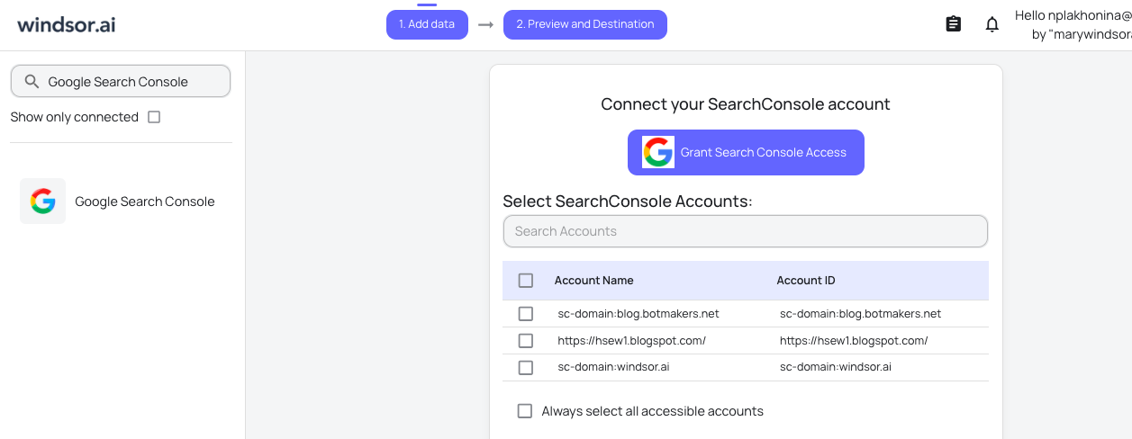 Google Search Console data source