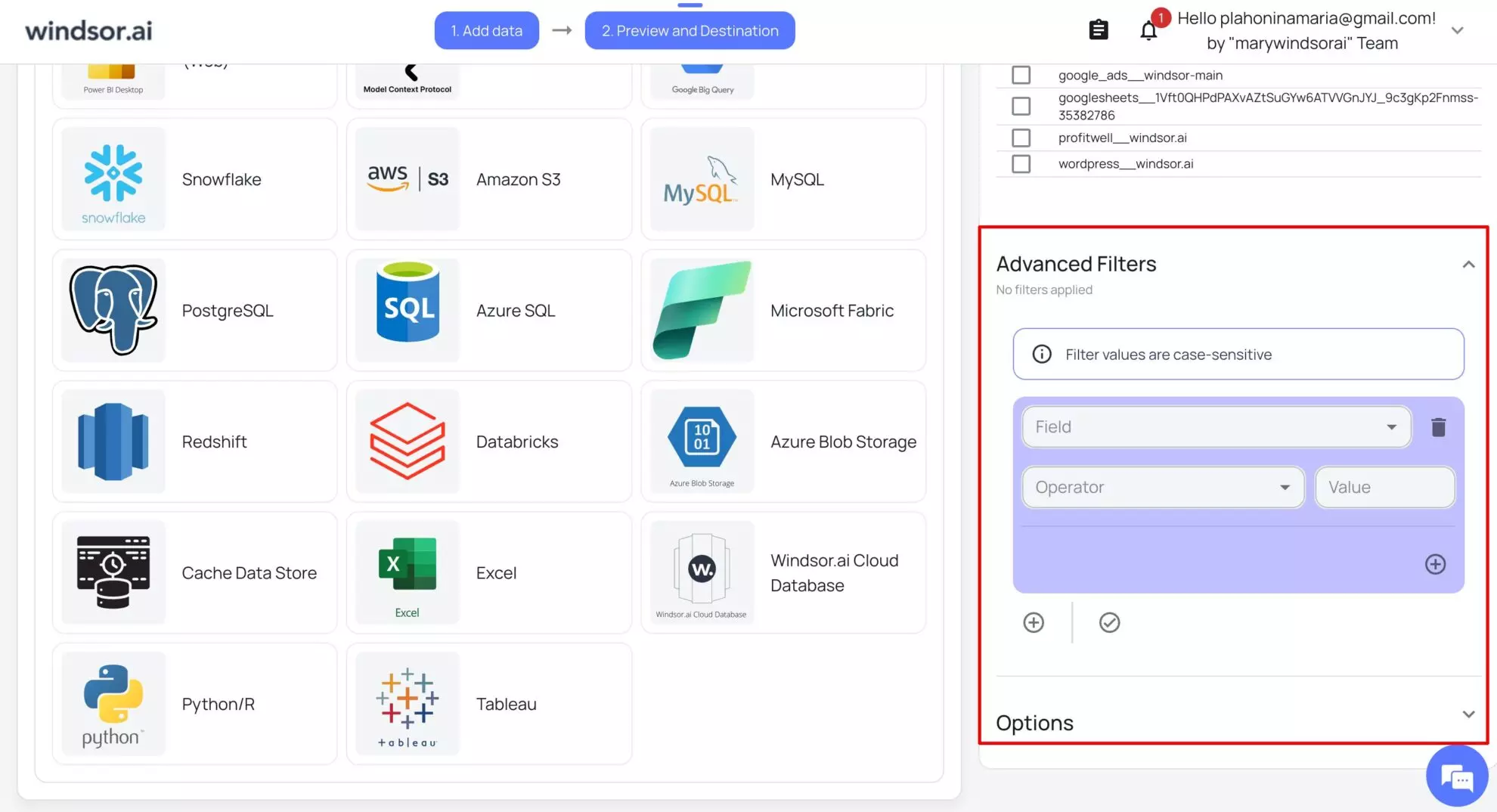 filters and options windsor