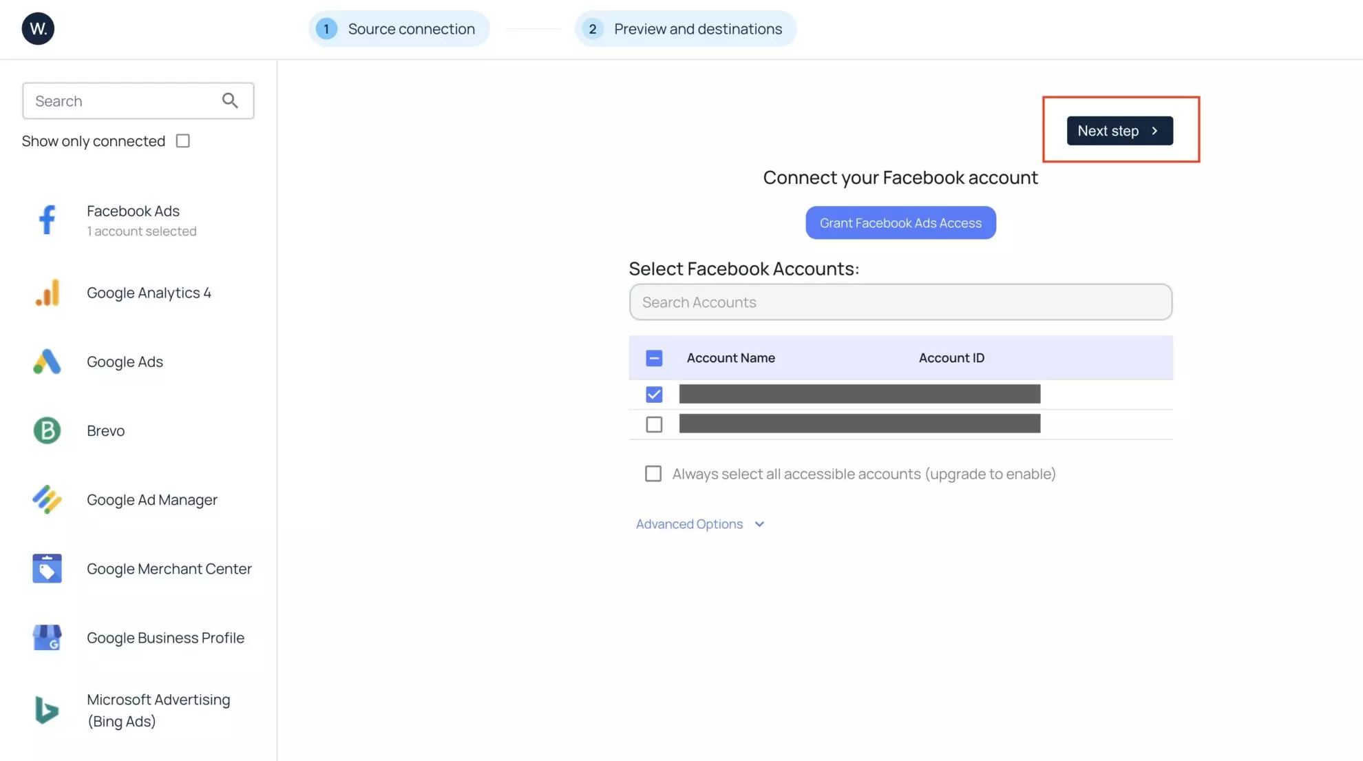 selecting data source in windsor.ai