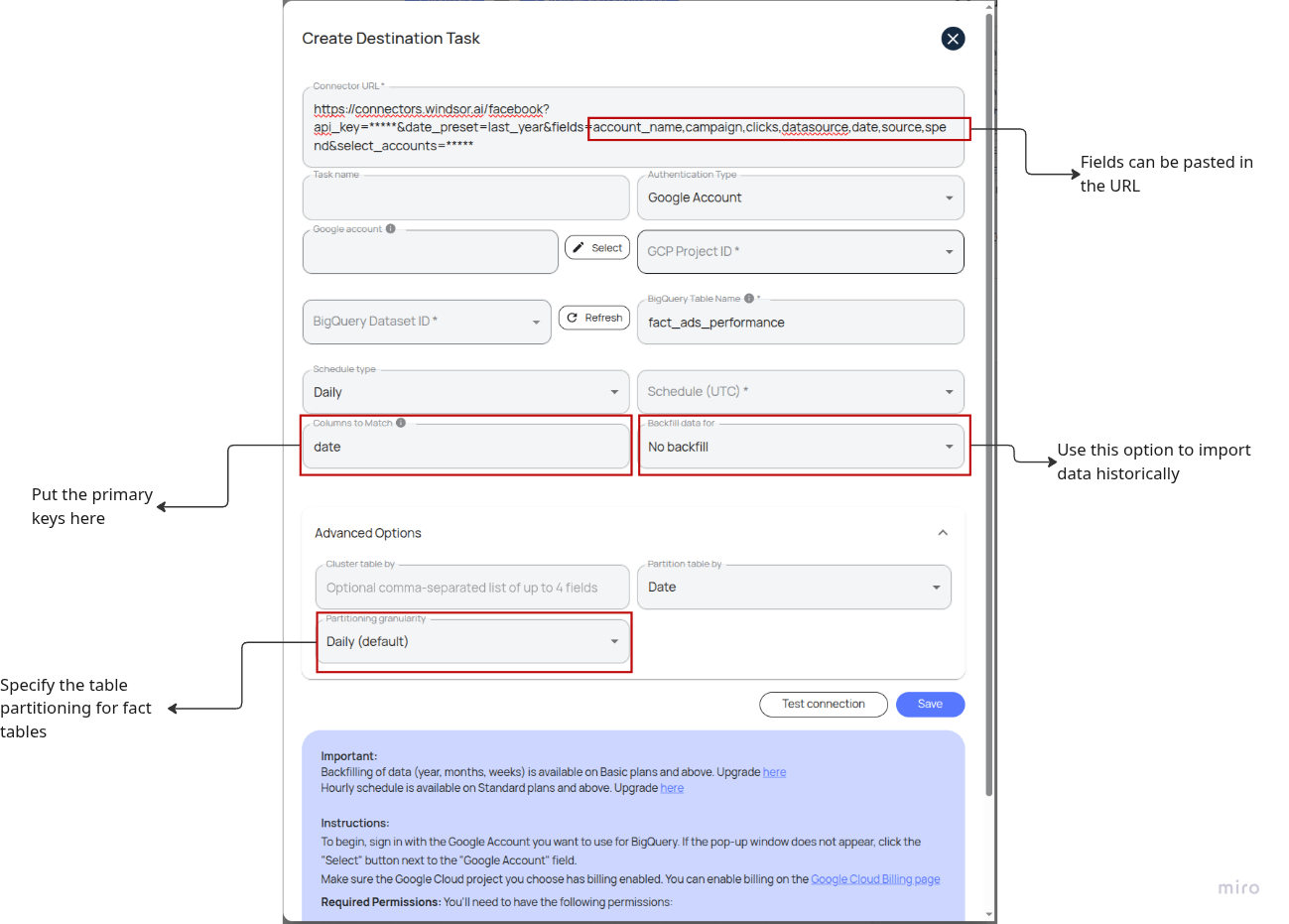 Creating a BigQuery export task with windsor.ai