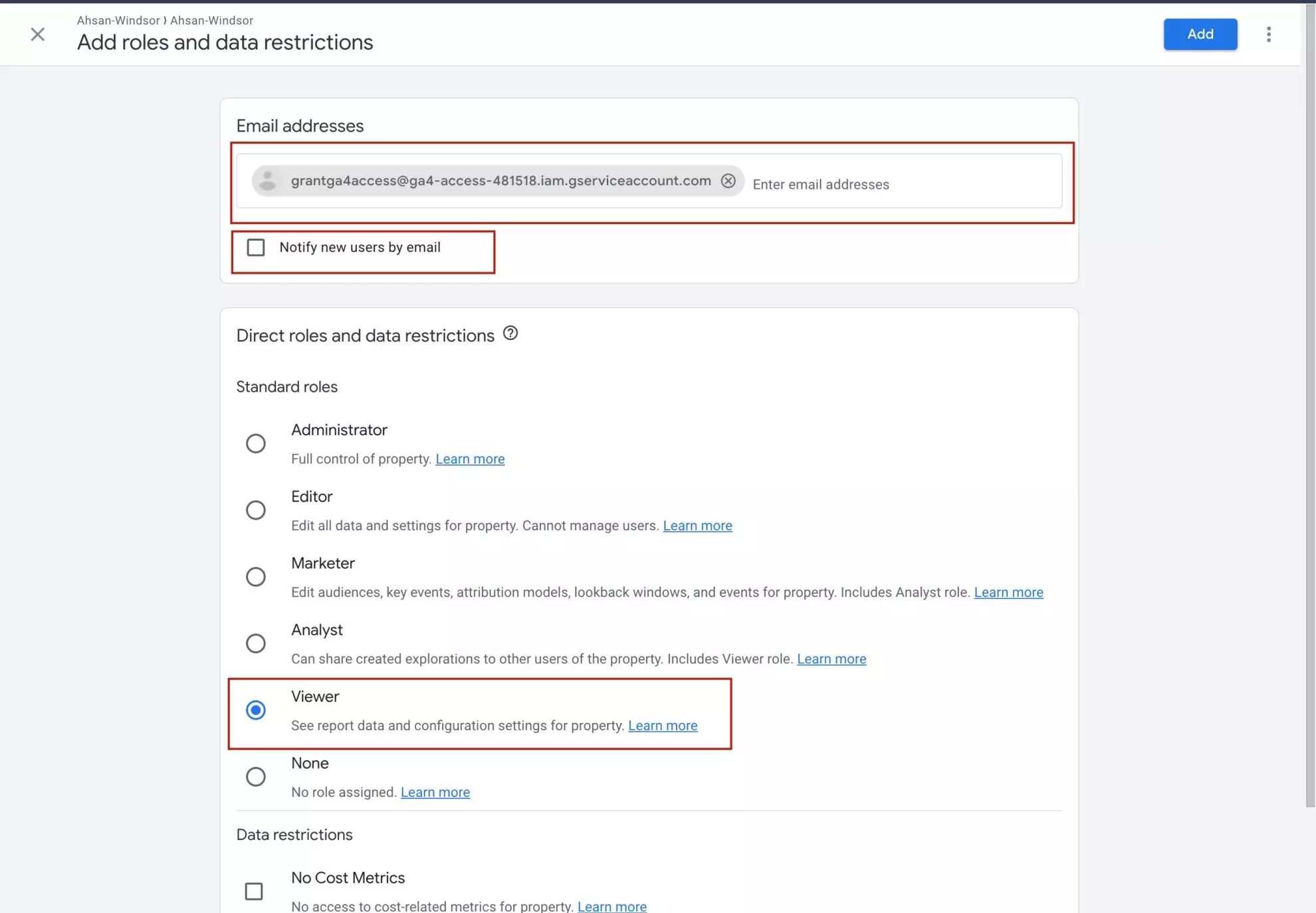 add roles to ga4 property