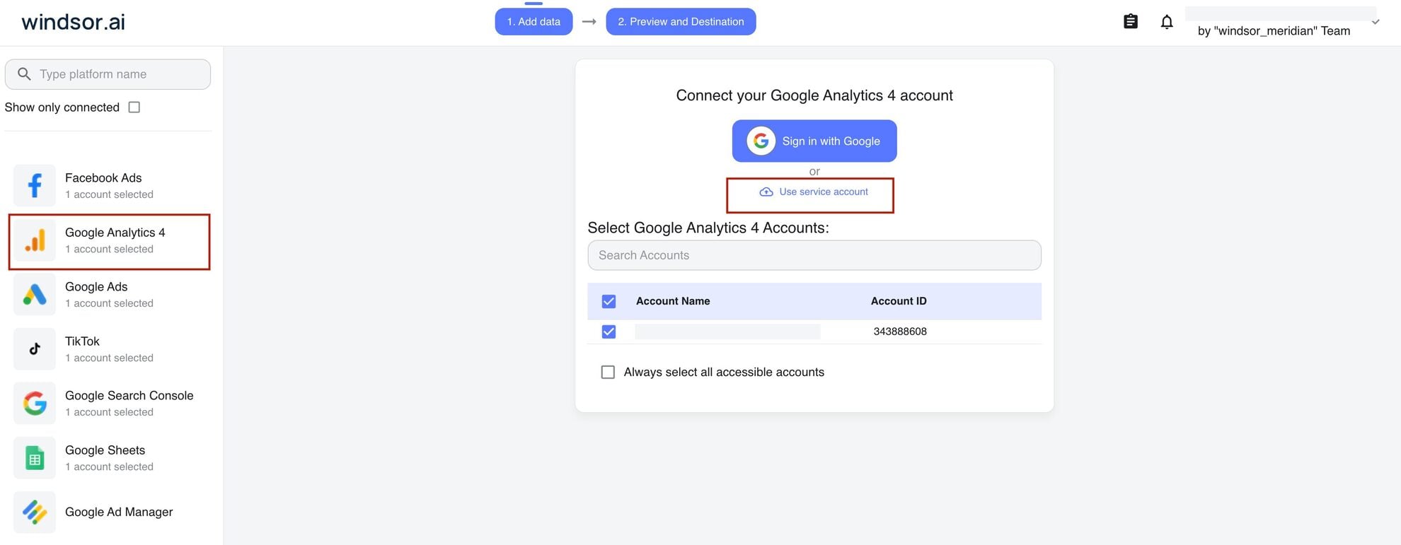 connect ga4 to windsor service account