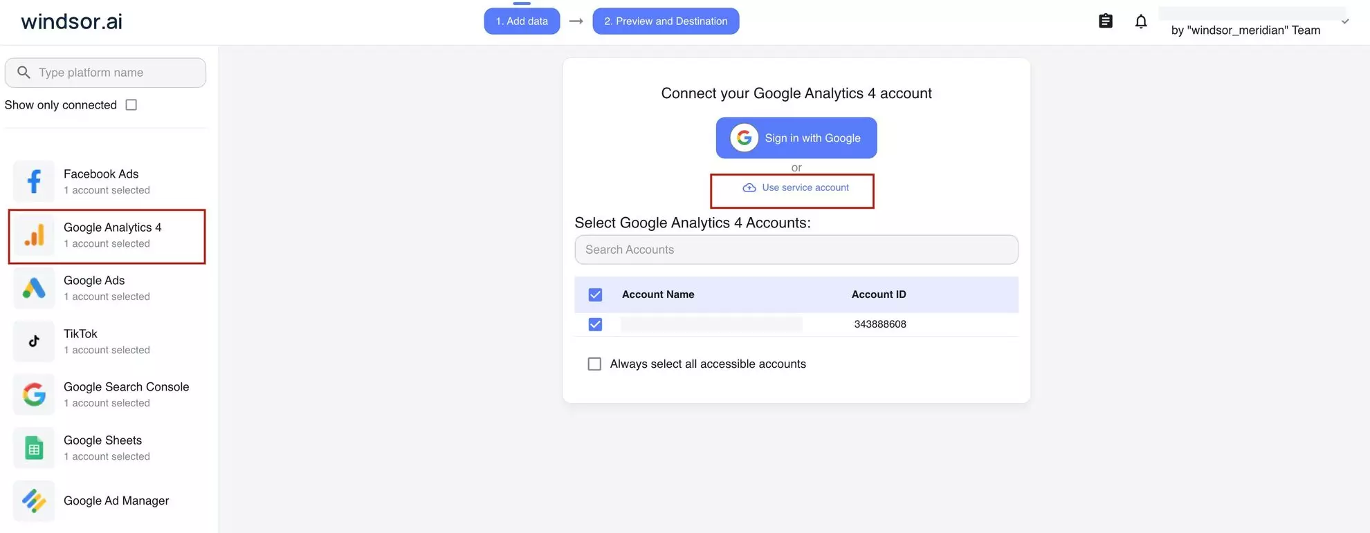 connect ga4 to windsor service account