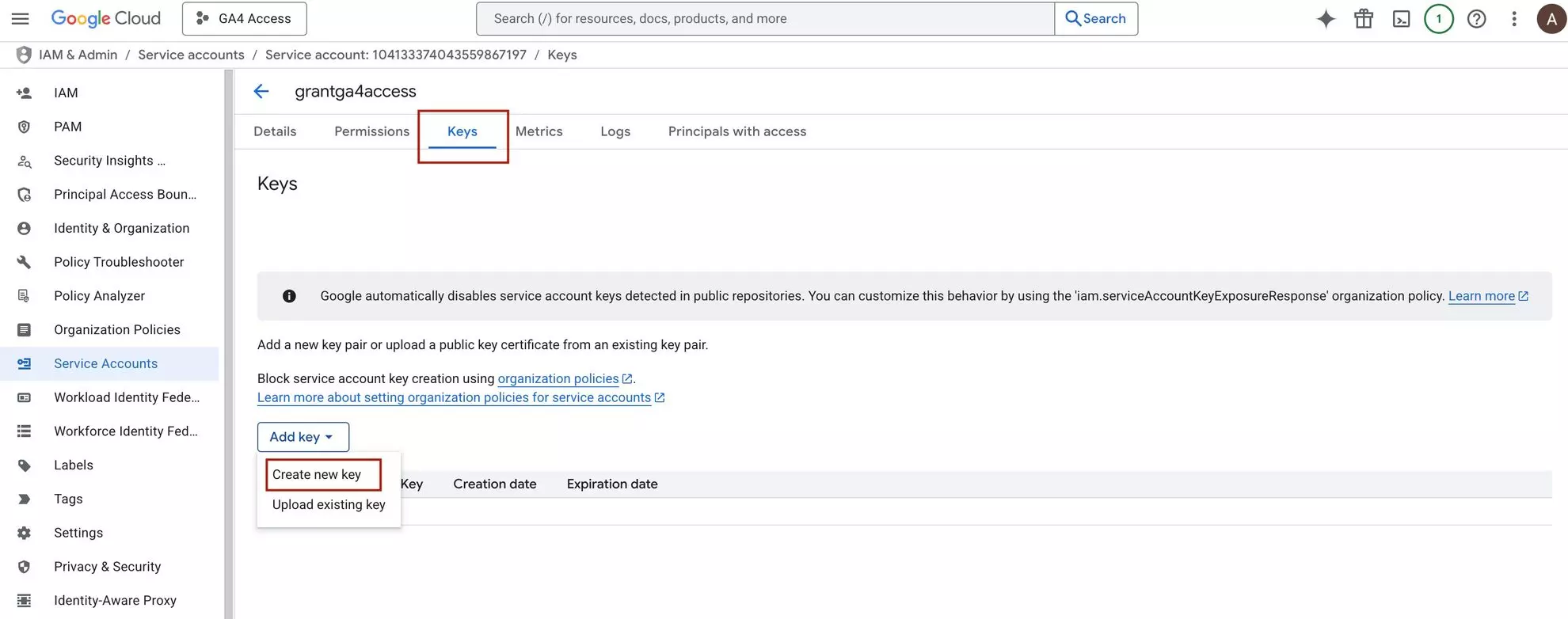 Keys in google cloud