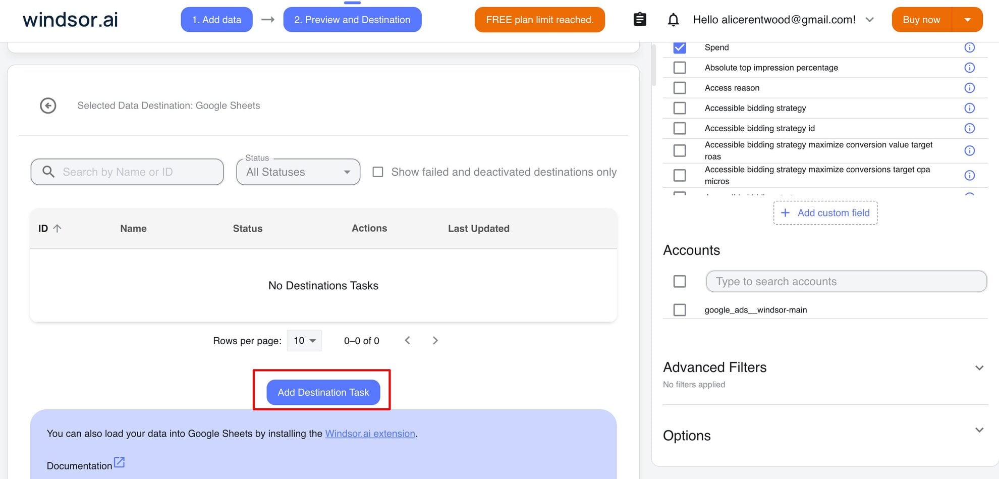 add destination task google sheets windsor