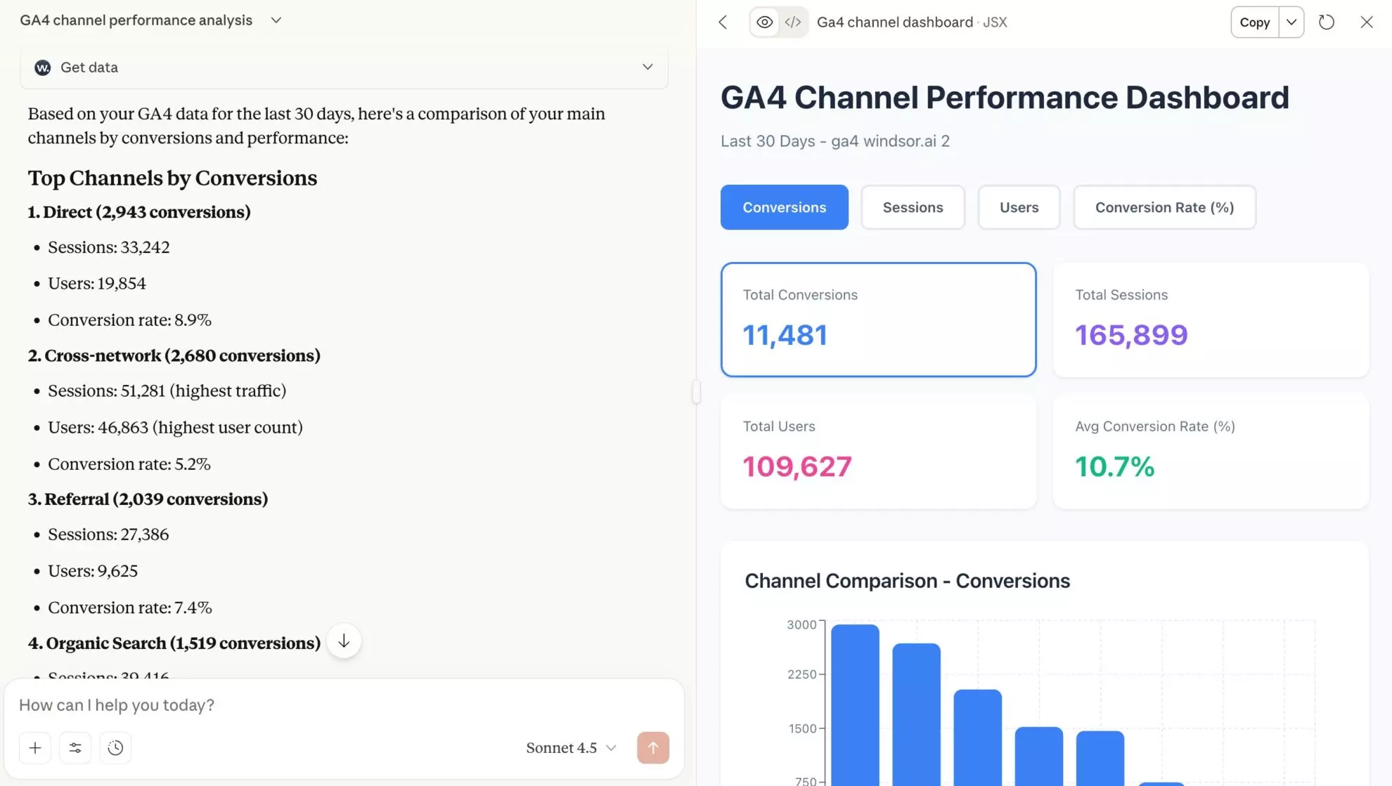 ai prompt for ga4 channel performance