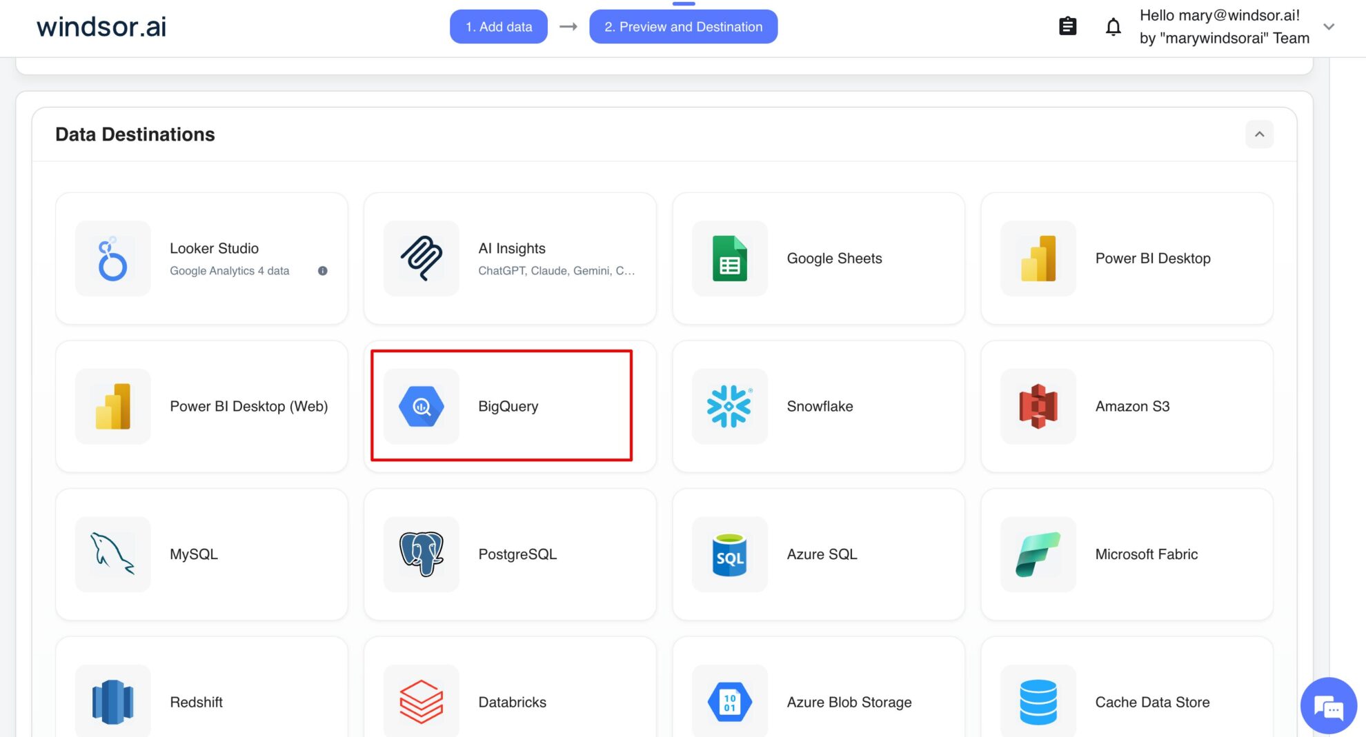 bigquery destination windsor