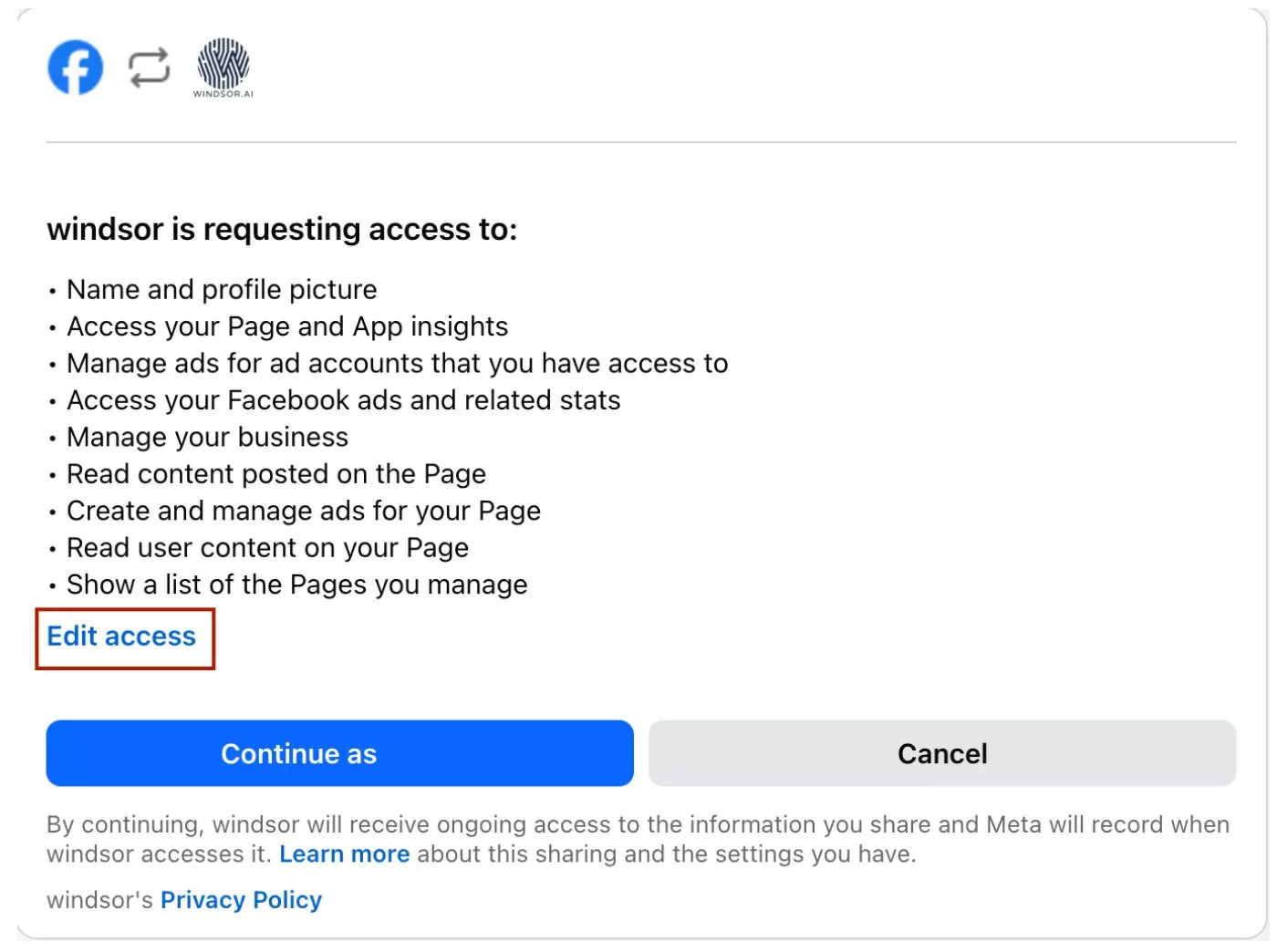 connect facebook ads to windsor