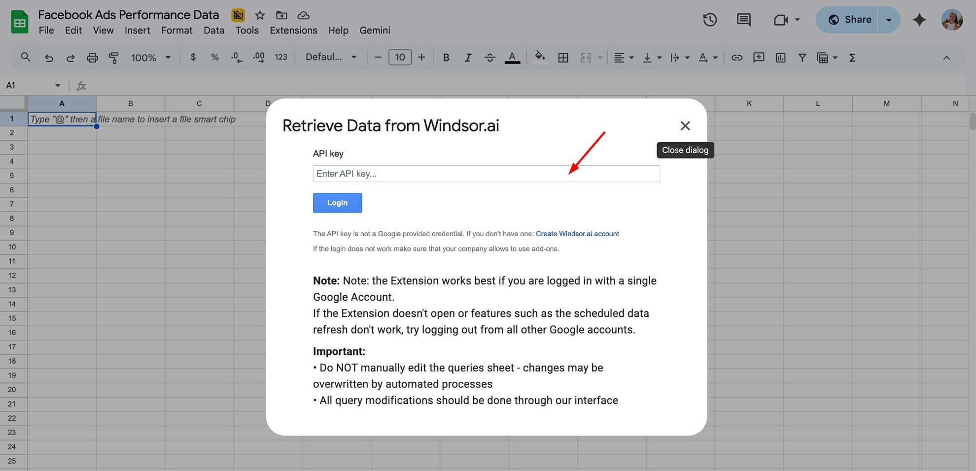connect google sheets to windsor.ai via api key