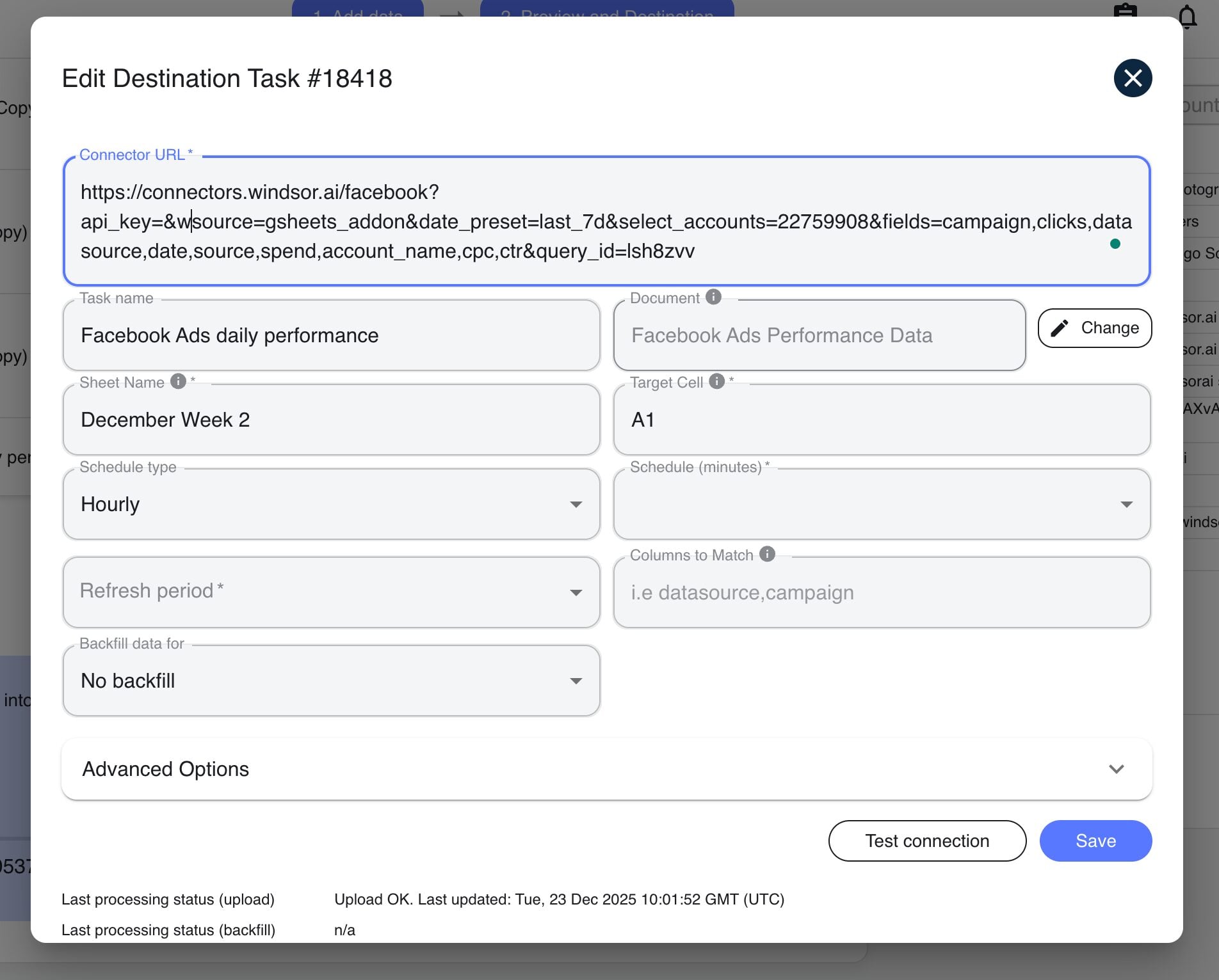 destination task for google sheets windsor