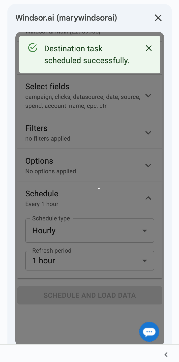 destination task scheduled google sheets windsor