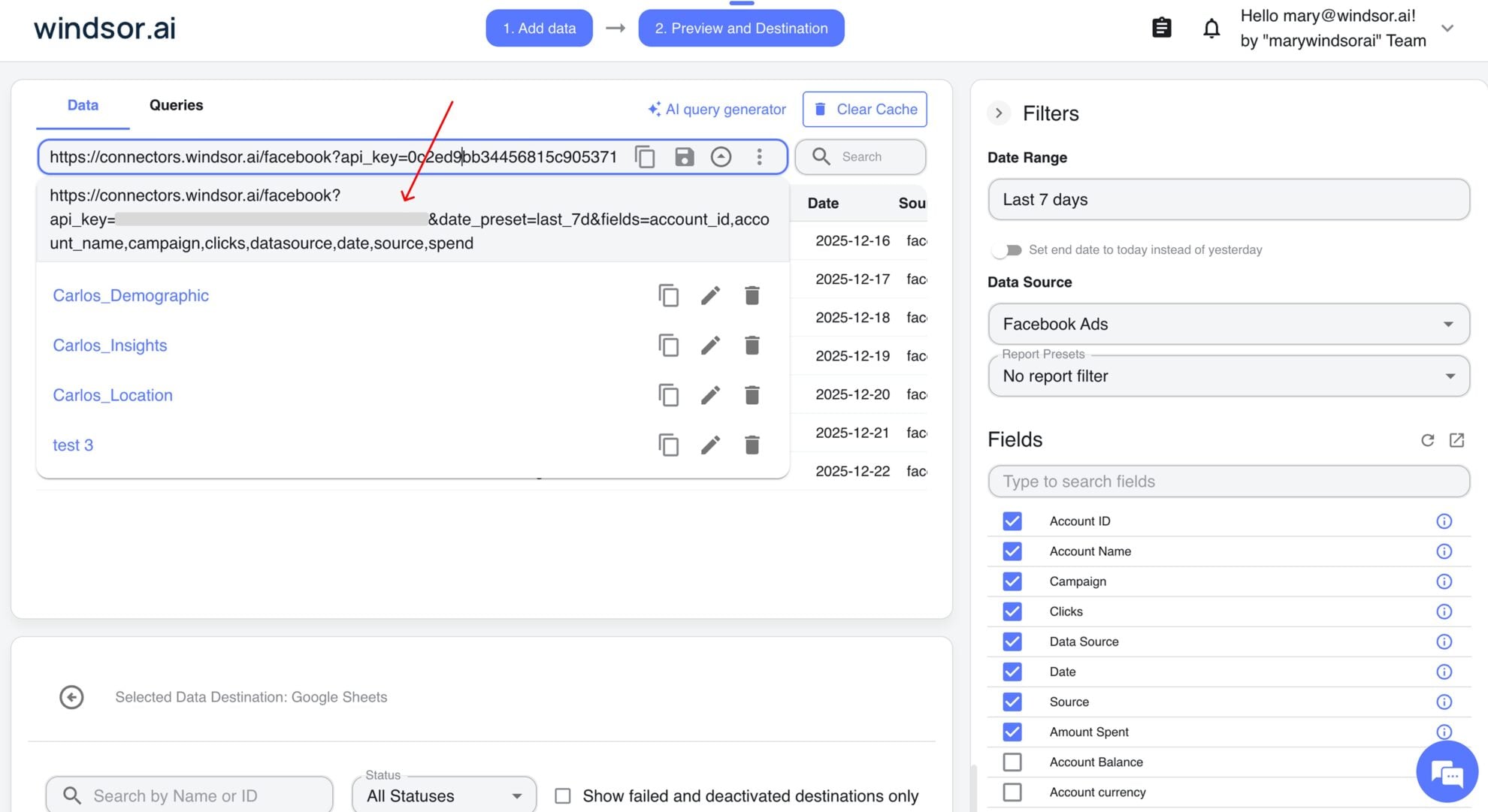find api key windsor.ai google sheets