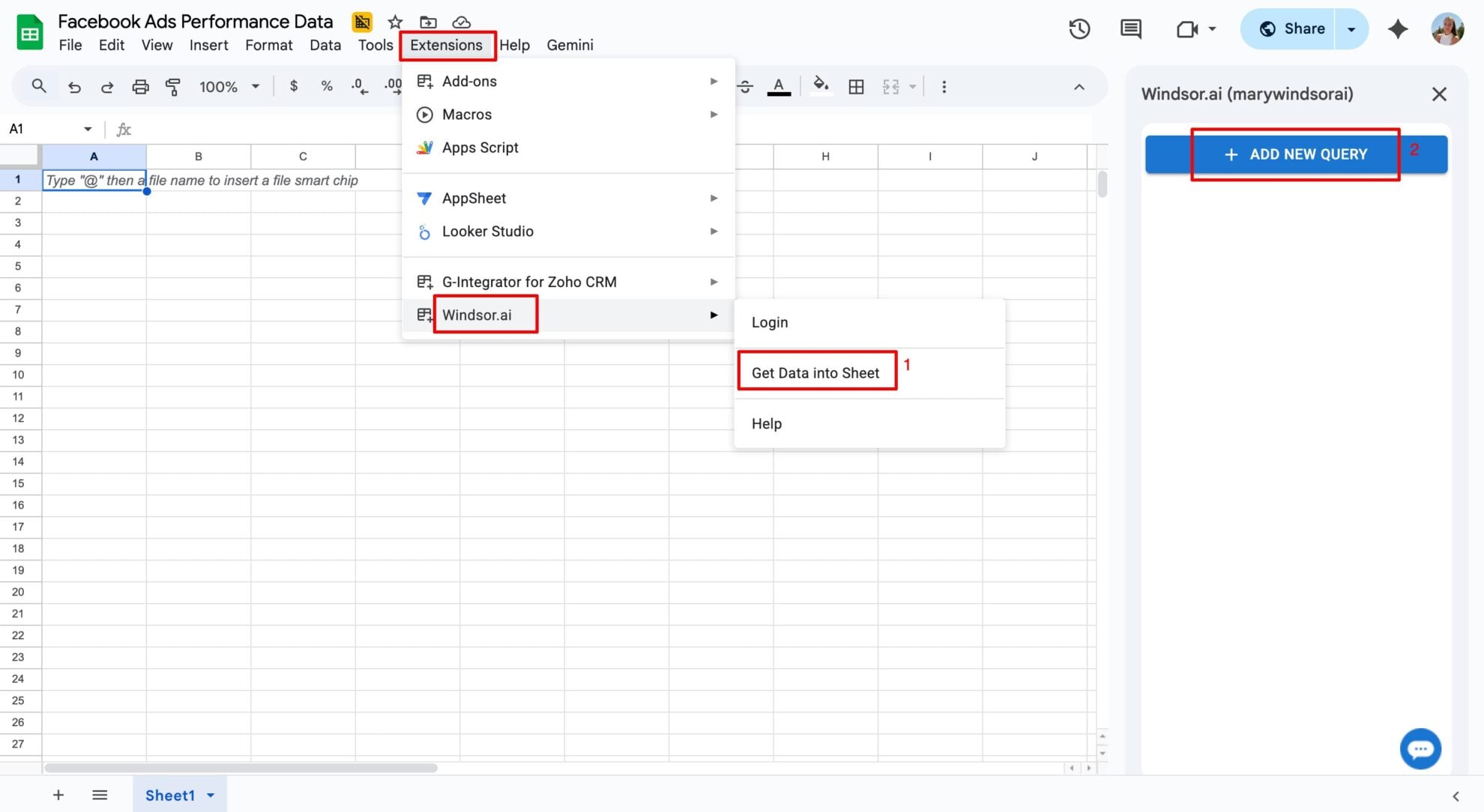 get data into sheet windsor