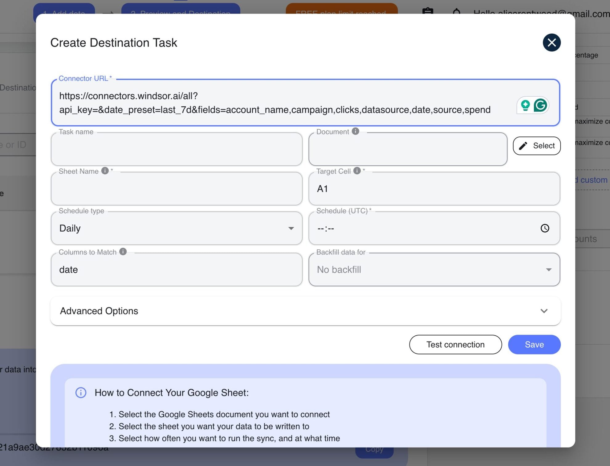google sheets destination task details windsor