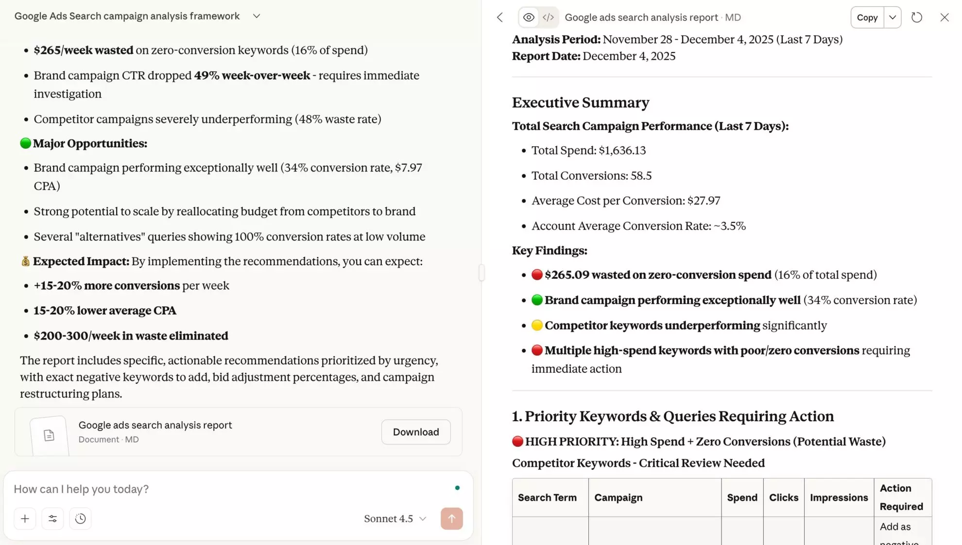keyword performance google ads ai prompt