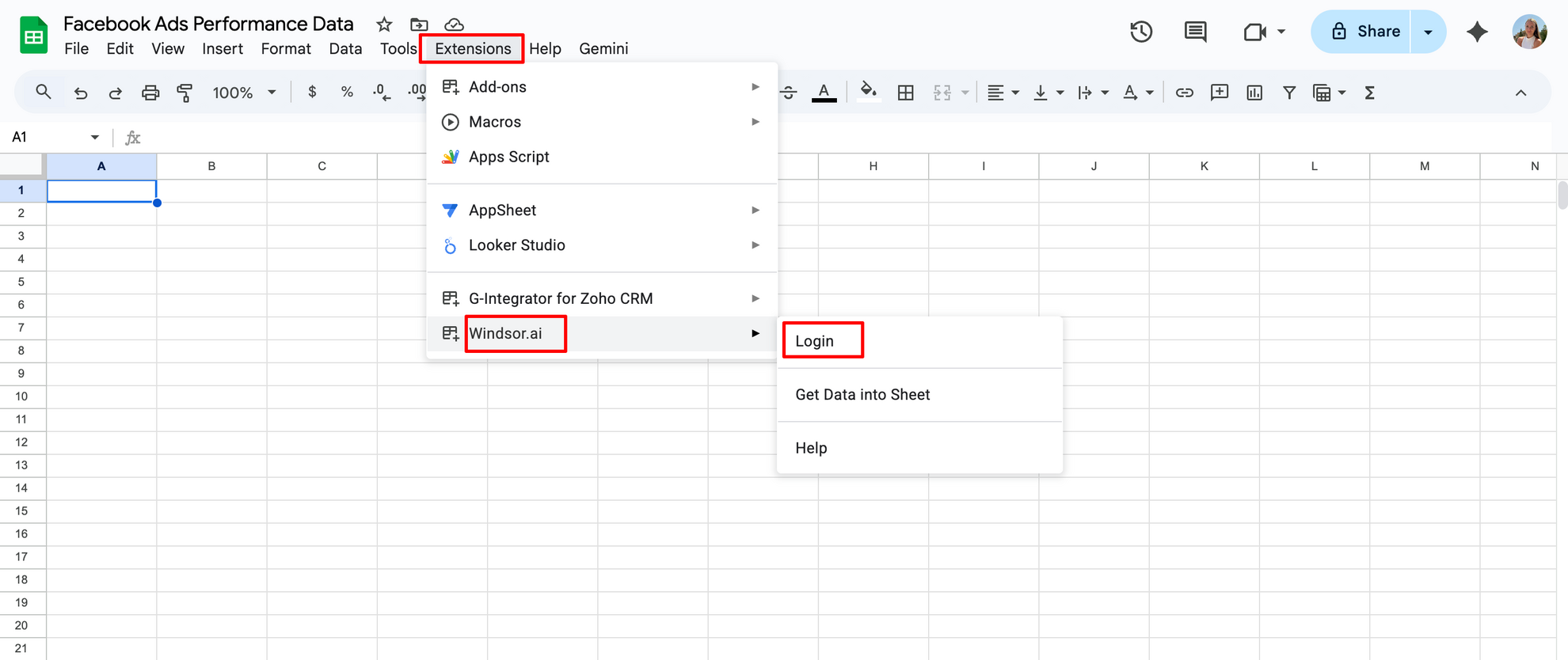 log in to windsor.ai extension for google sheets