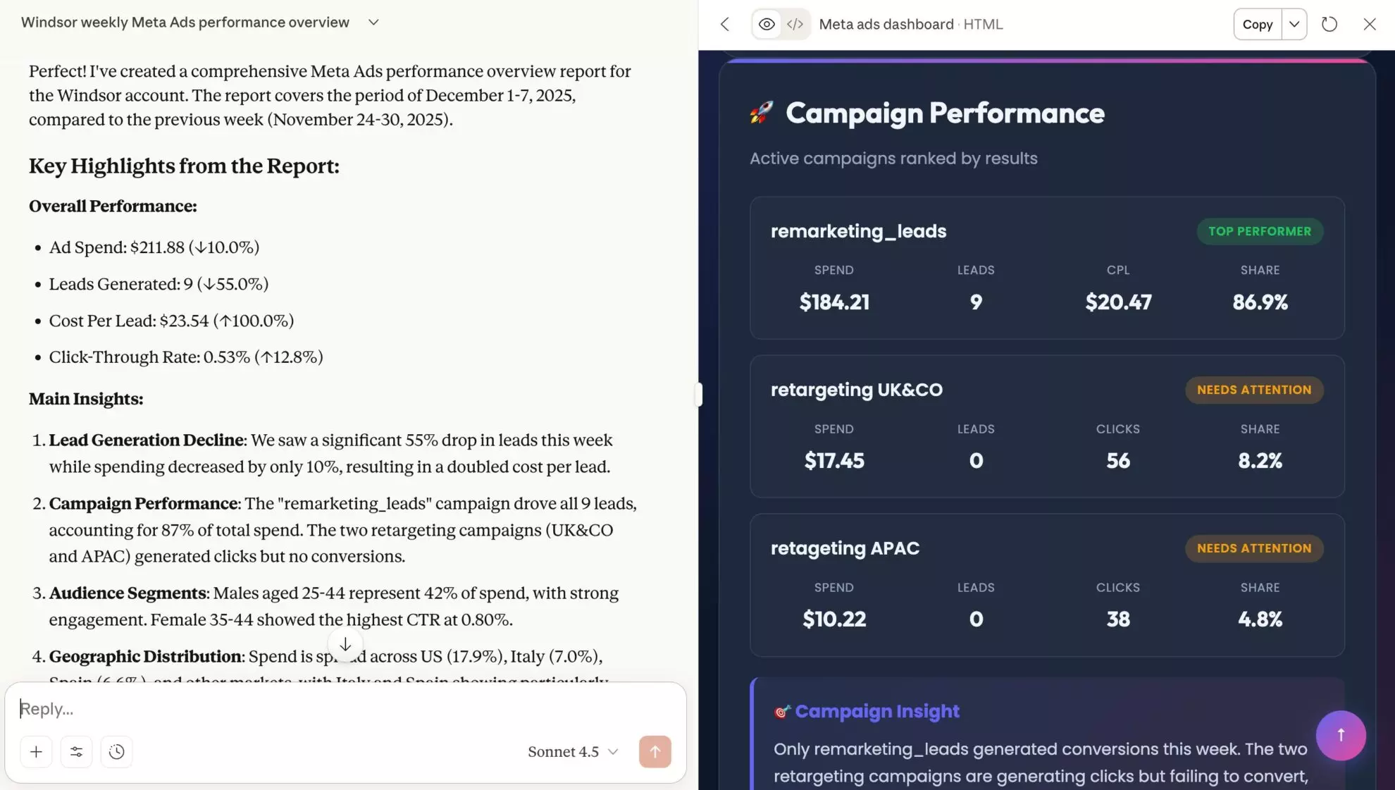 meta ads report claude