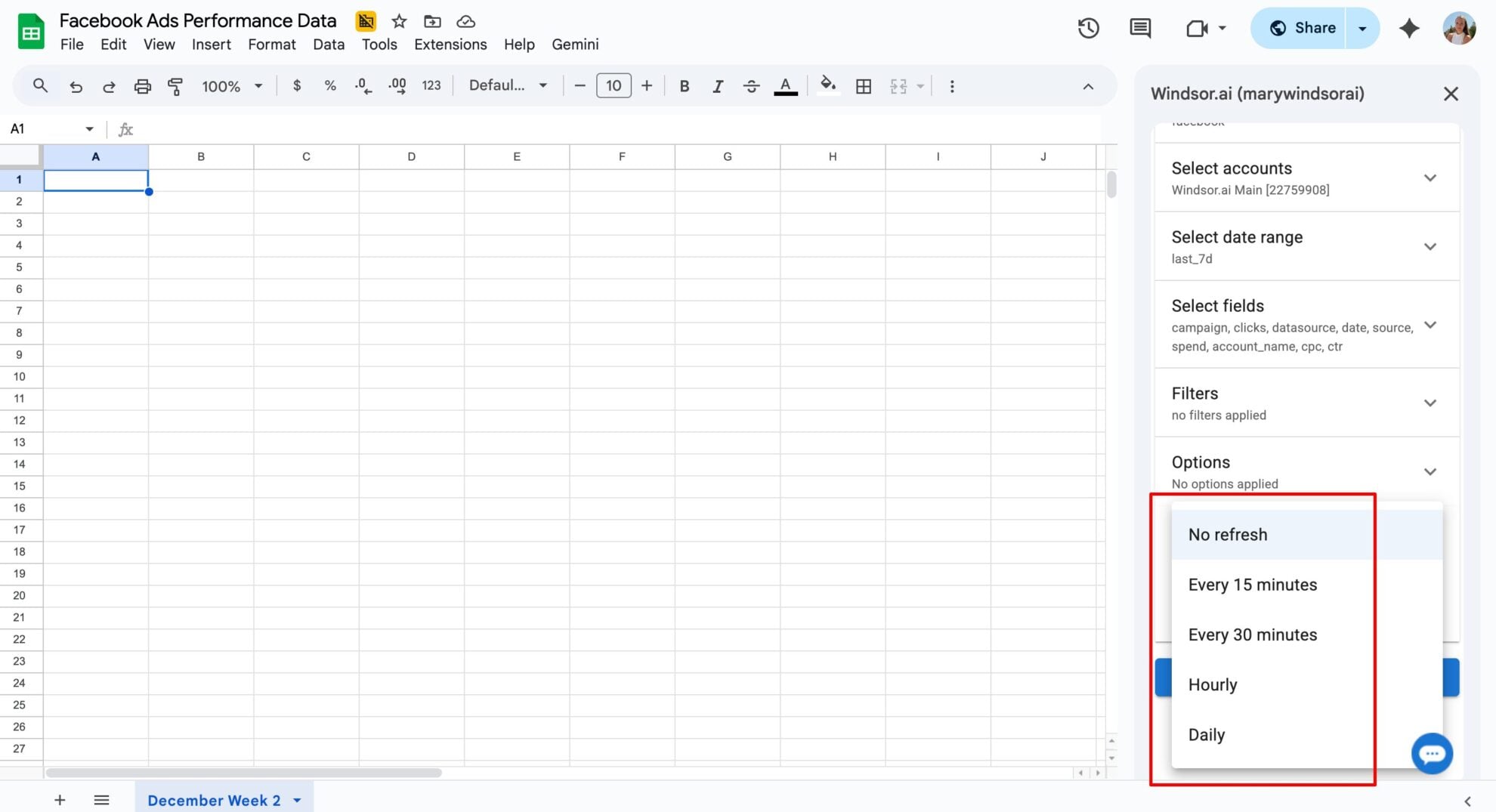 refresh schedule windsor google sheets