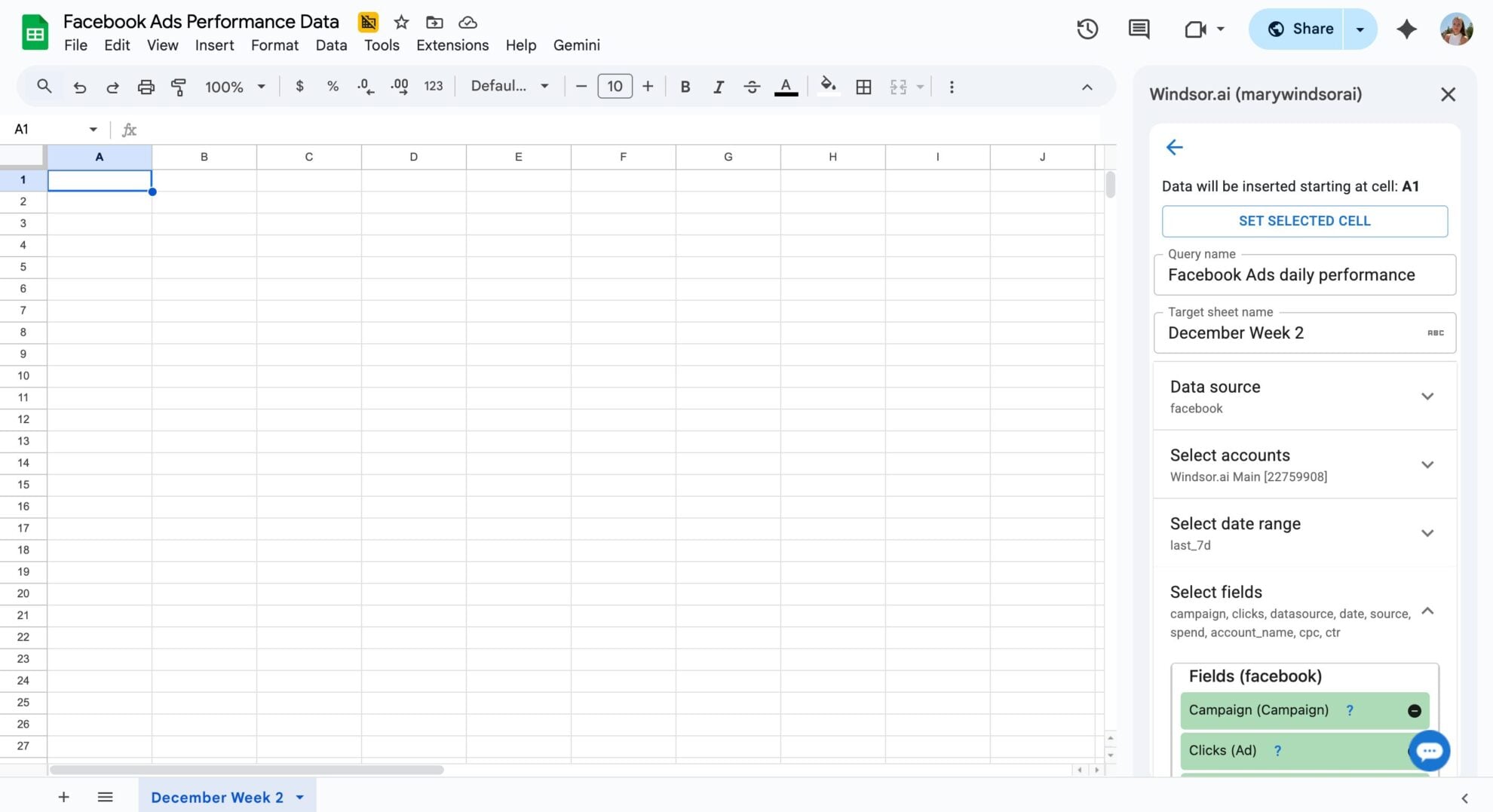 send facebook ads data to google sheets windsor