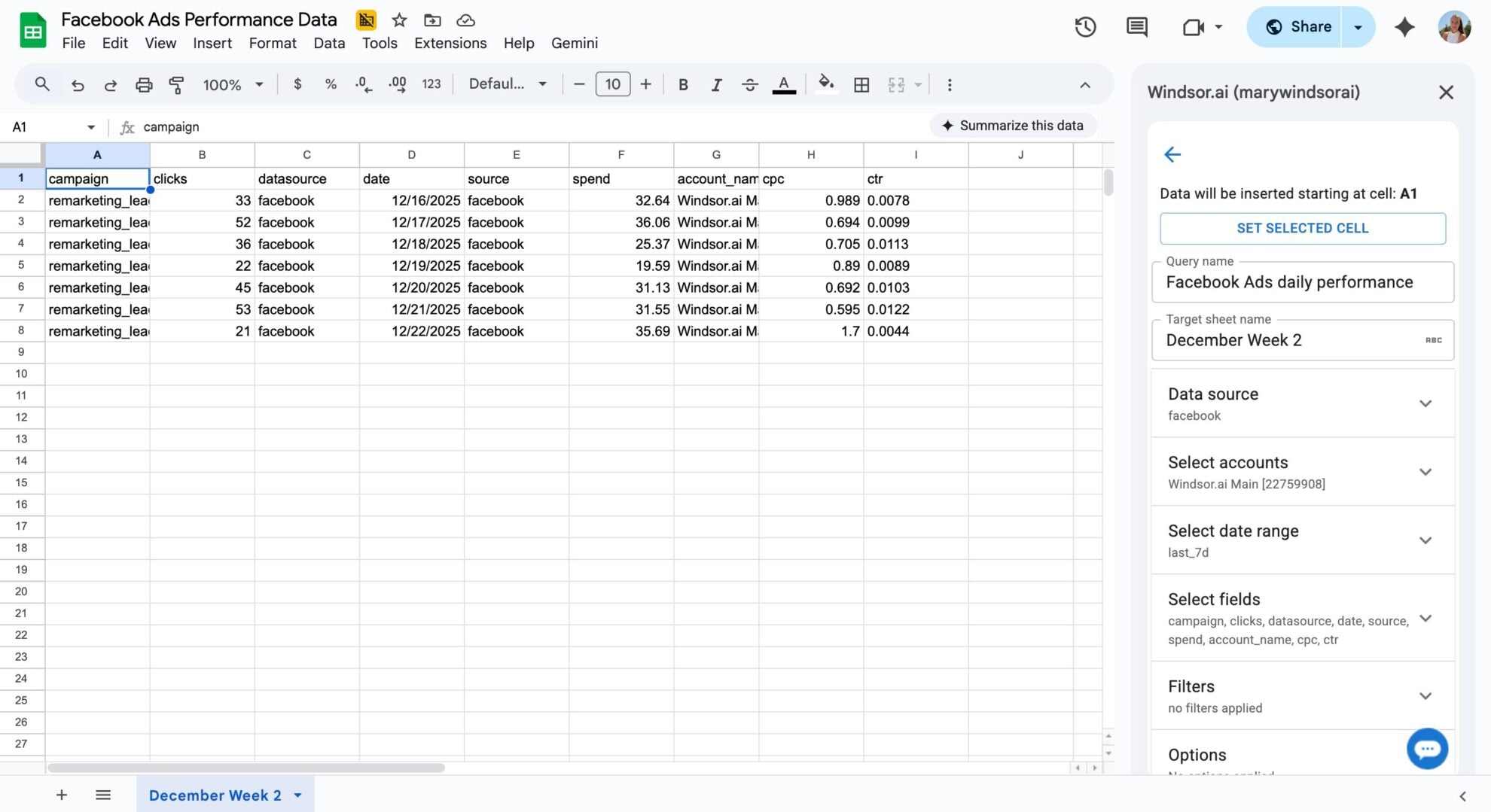 sync facebook ads to google sheets windsor
