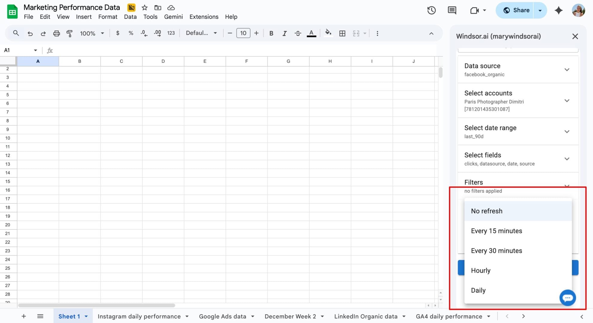 automate refresh facebook organic in sheets