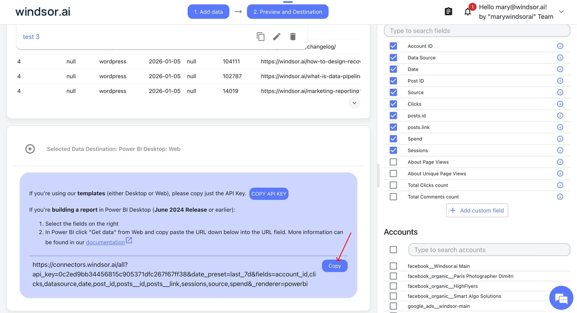 copy api key windsor