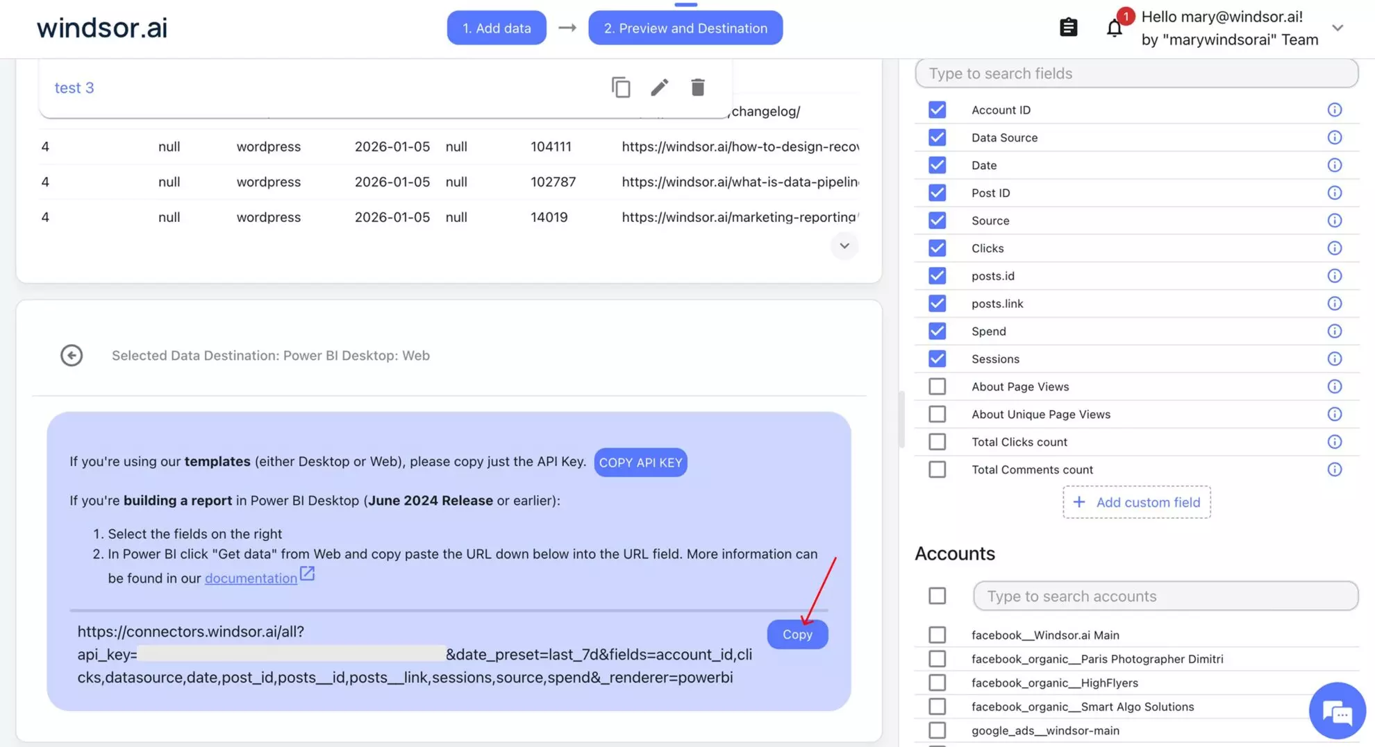 copy query url windsor power bi integration