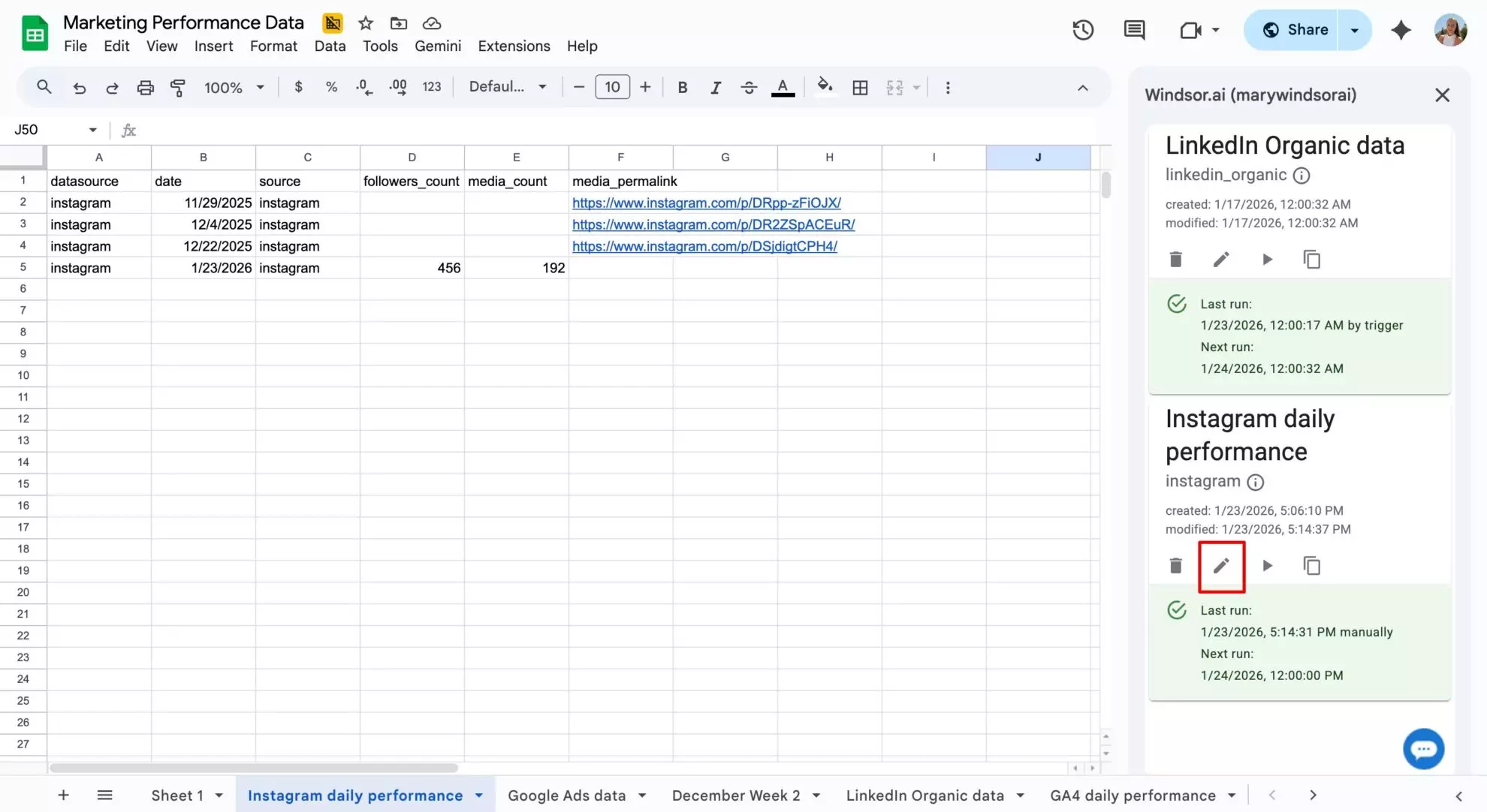 edit query settings windsor google sheets