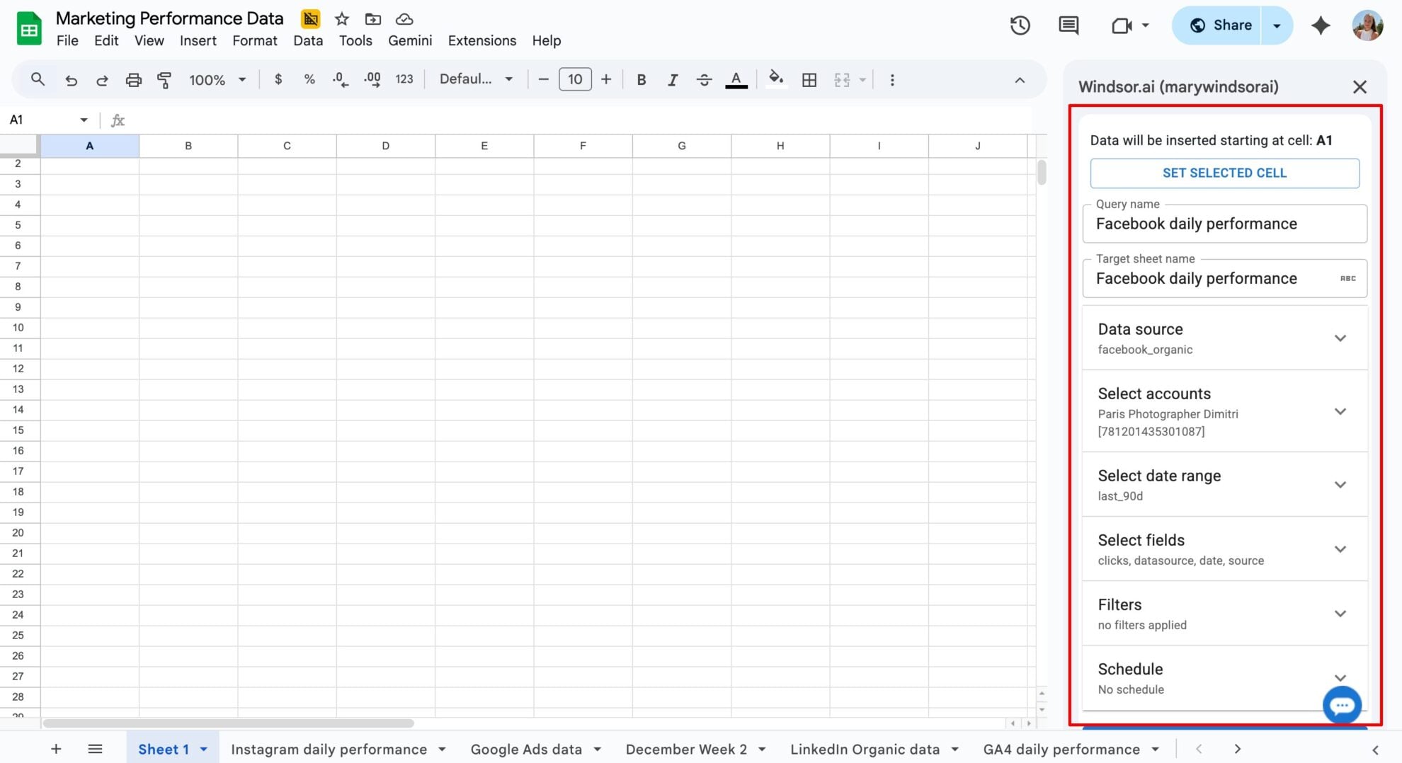 facebook organic data to sheets