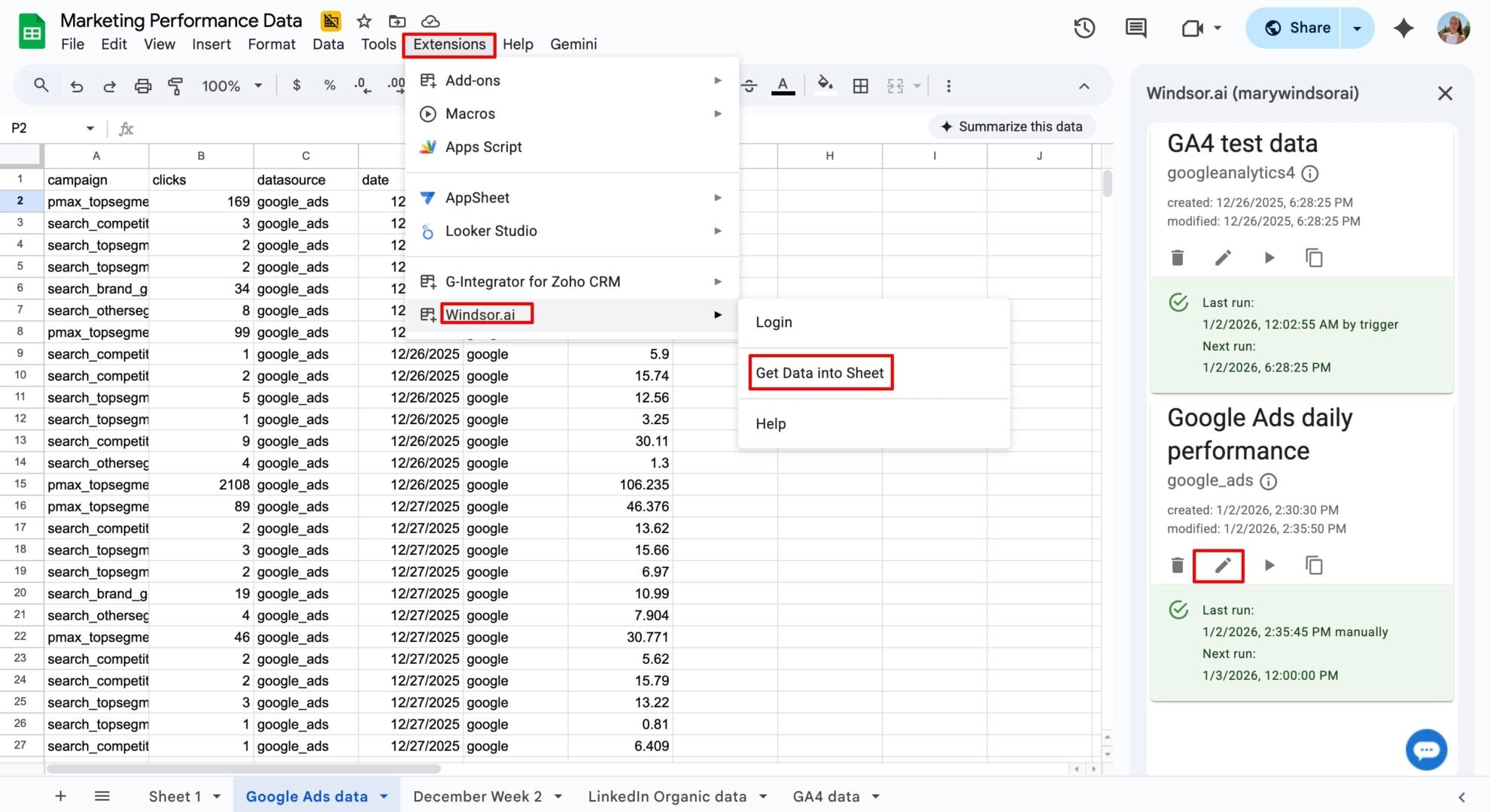 google ads integration in google sheets windsor