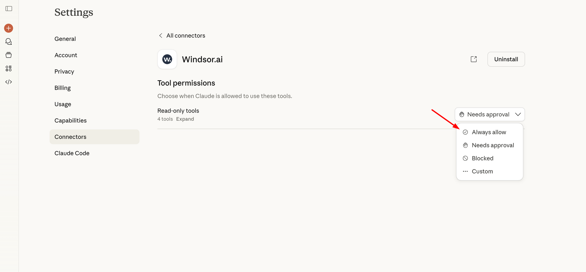 how to use windsor.ai claude connector