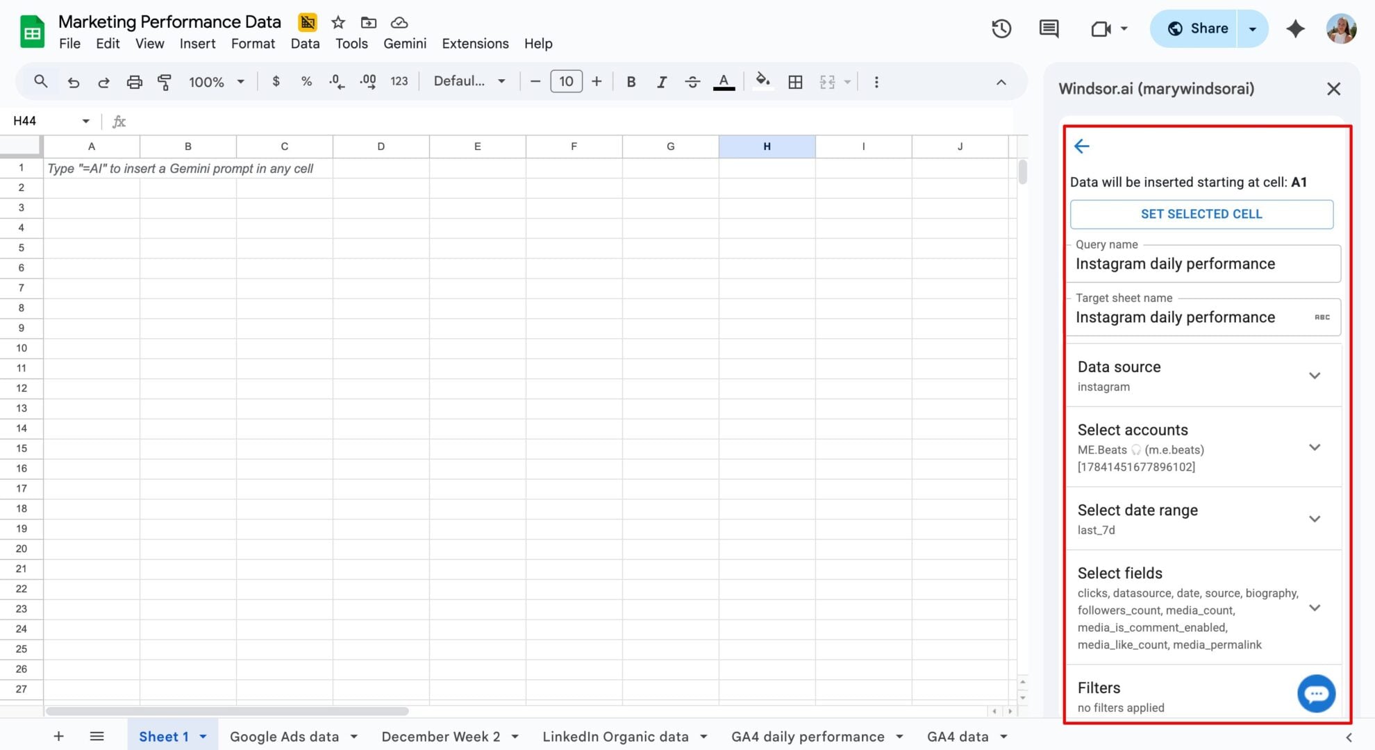 import instagram data to sheets windsor