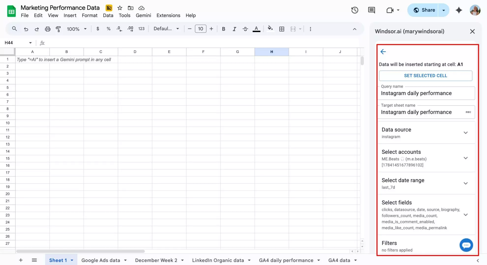 import instagram data to sheets windsor