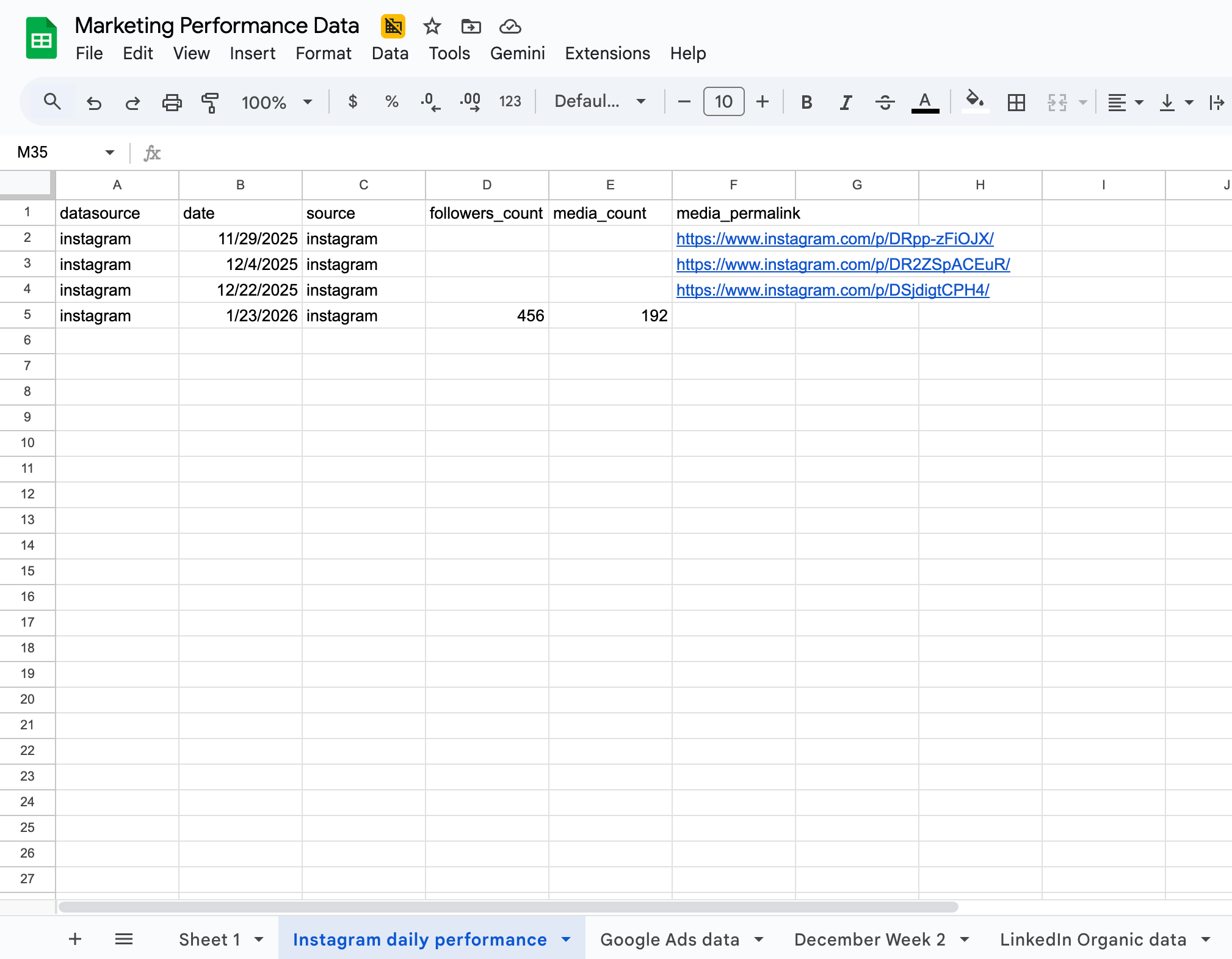 instagram data in google sheets automatically