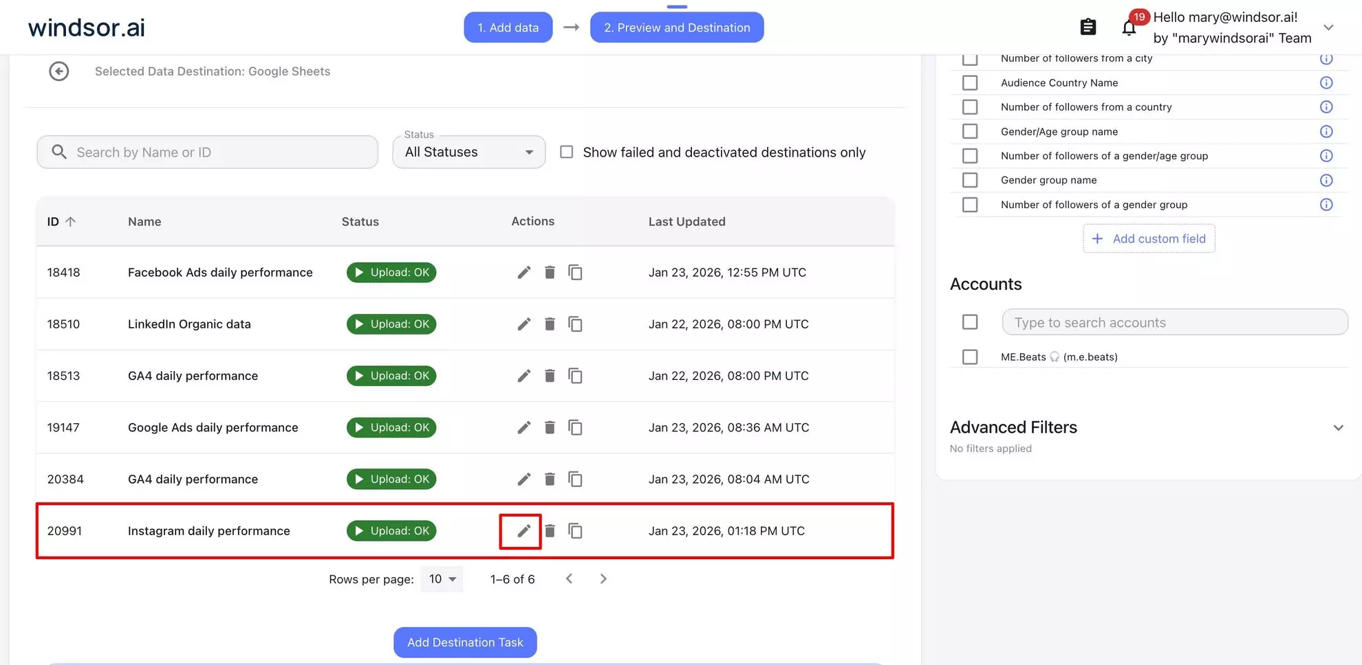 instagram google sheets data import windsor