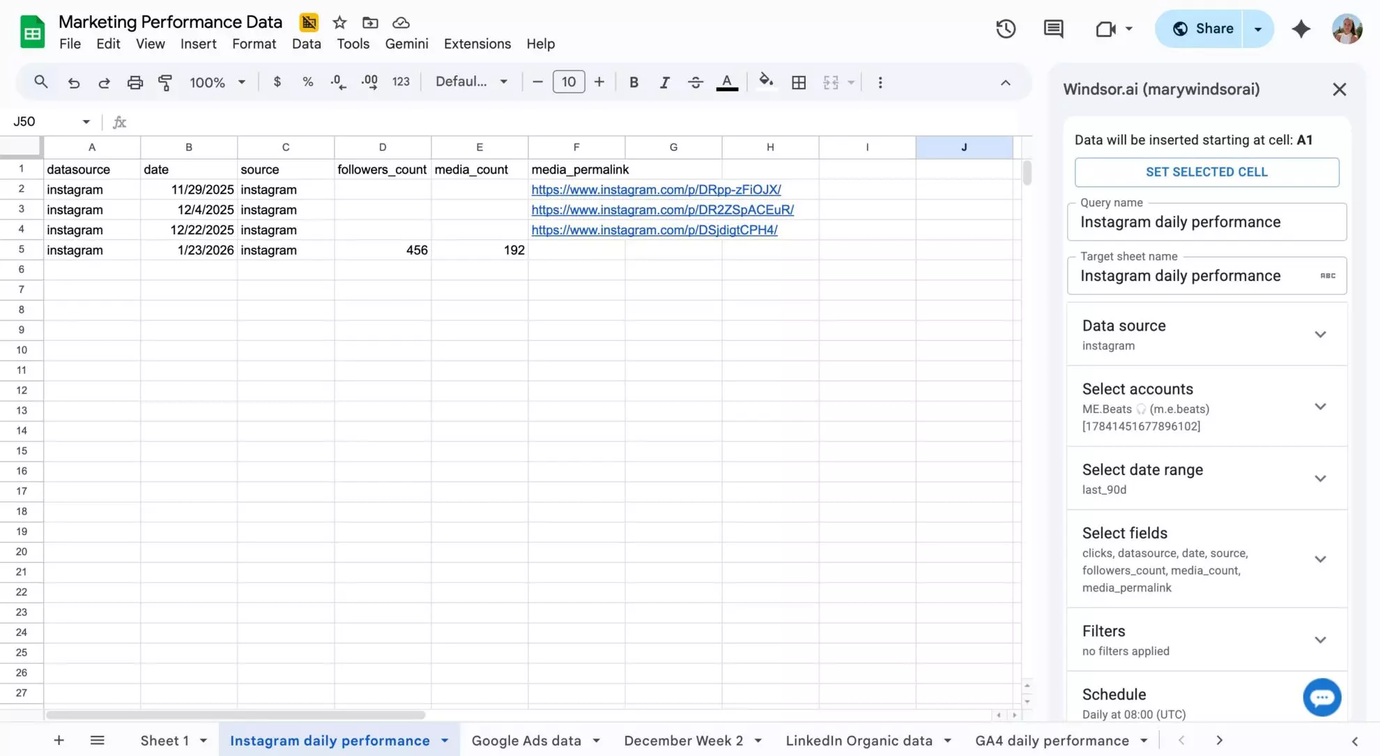 instagram google sheets integration windsor