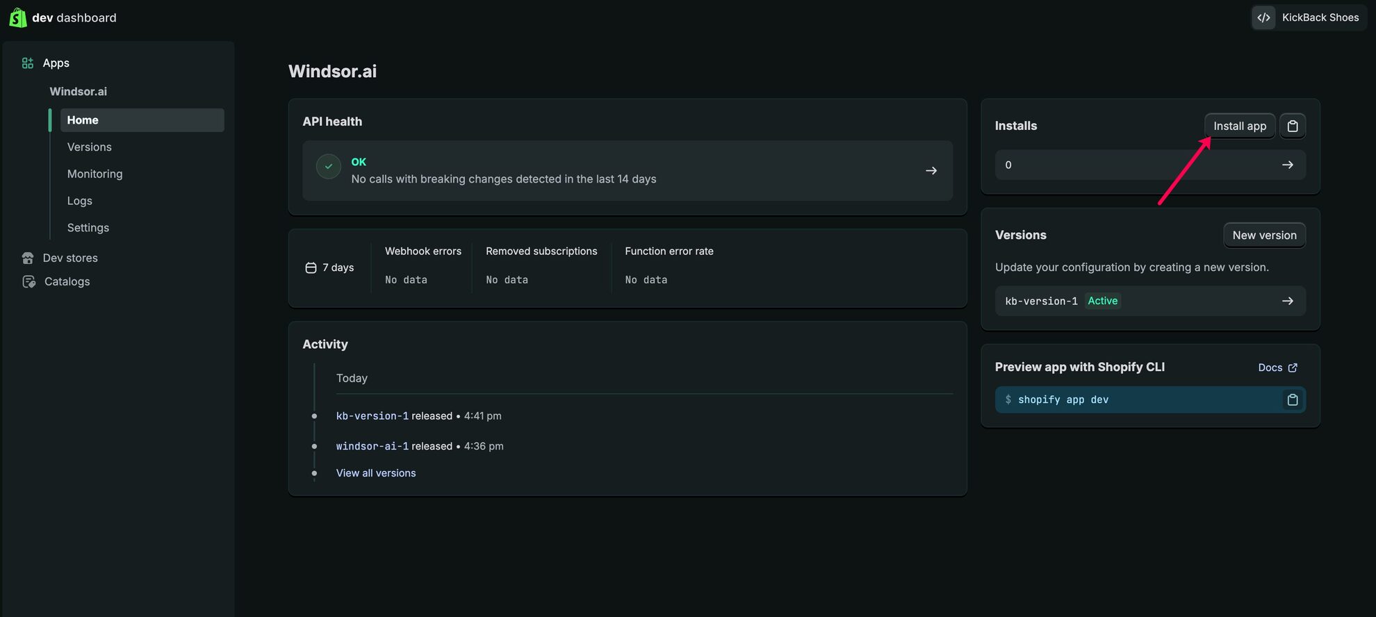 install app in dev dashboard shopify
