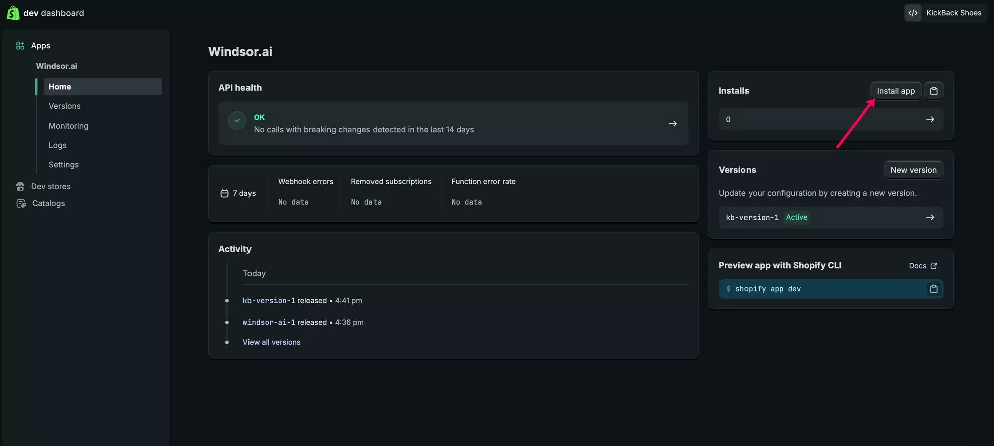 install app in dev dashboard shopify
