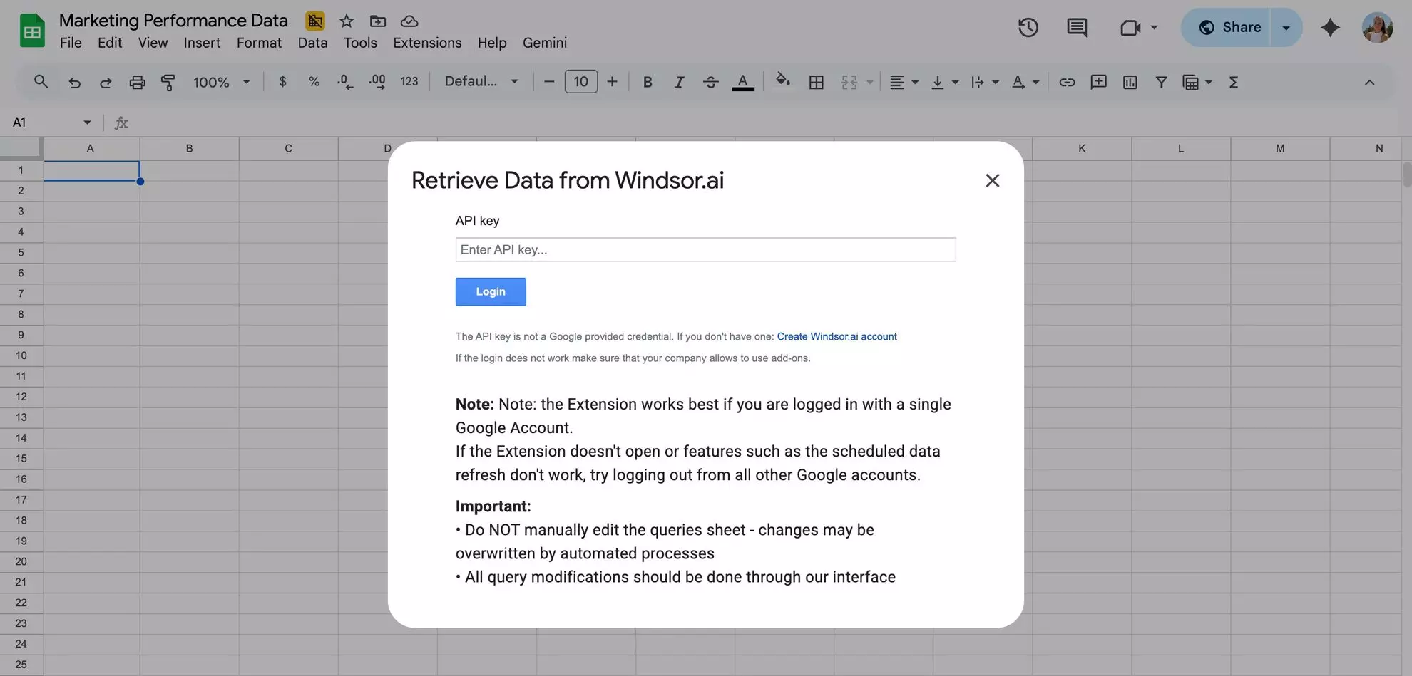 paste api key windsor extension sheets